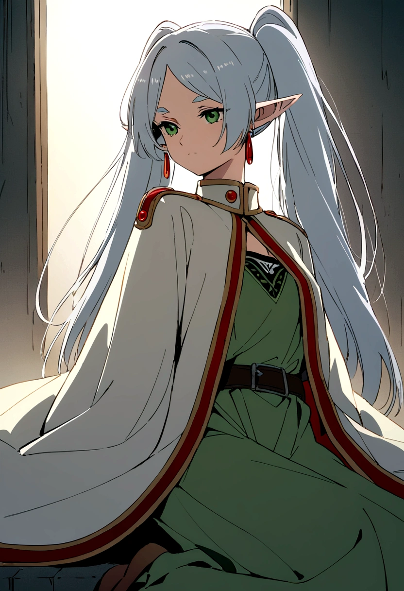 A highly detailed and expressive illustration of Frieren from the anime 'Frieren: Beyond Journey's End', sitting in a relaxed pose with her hands hidden behind her back, looking directly at the camera with a calm and contemplative expression, Frieren has long flowing silver hair styled in her usual twin ponytails each tied with a simple ribbon, her elf ears are long and pointed adorned with her signature red earrings that dangle elegantly, she has large expressive green eyes with a subtle shine framed by long lashes, her outfit is her traditional attire consisting of a long white robe with gold trim and detailed embroidery along the edges, underneath she wears a green tunic with a diamond-shaped pattern on the neckline paired with dark trousers, her clothing appears slightly worn indicating her long journey but still well-kept, the background is a solid contrasting color such as deep blue or black to facilitate easy recutting, with soft natural lighting highlighting her serene expression and the intricate details of her clothing and hair, the overall ambiance should reflect a sense of calmness and introspection capturing the essence of Frieren's character