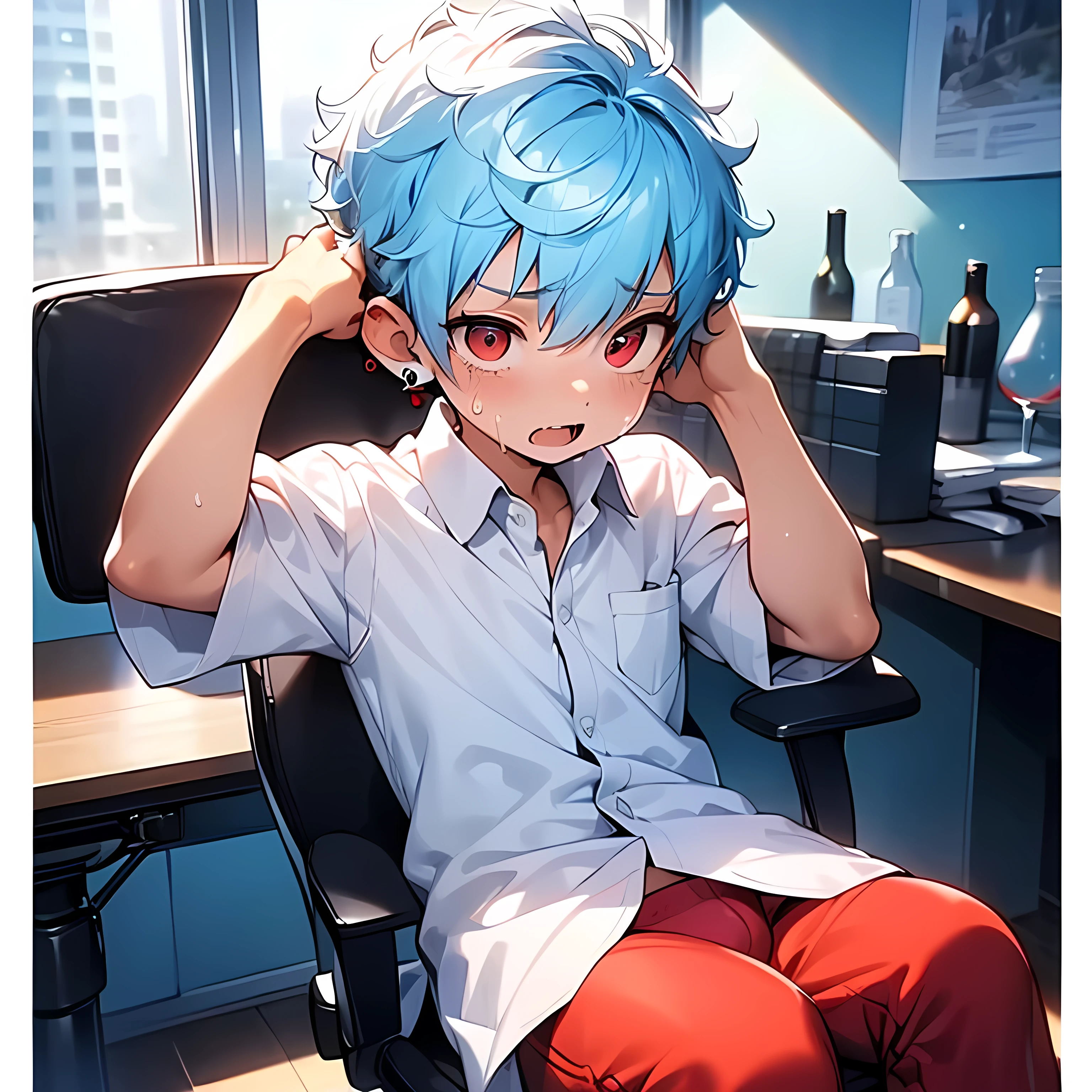 (boldline:-1.6), ((bubble)), (hands on his head:1.5), (sitting office chair:1.5), (((fang))), (((best finger))), BREAK (best quality:1.5), (absolutely resolution:1.5), (ultra detailed:1.5), (masterpiece:1.5), (perfect face:1.5), (detailed face:1.3), (detailed eyes:1.5), (best eyes:1.5), (cute face), (shota:1.7), BREAK (white dress shirts:1.5), BREAK (red pants:1.5), (bulge:1.6), (skinny:1.3), (spiked hair), BREAK (light blue hair:1.5), (wine red eyes:1.4), (eyes with highlight:1.5), ((mole under eye)), (sweaty skin), (crying), (anguish:1.5), ((earrings)), (shiny skin:1.3), BREAK (office), (bottle on desk), (silver computer), (sunlight), ((wind blowing)), (nipple), abs, groin, from below,