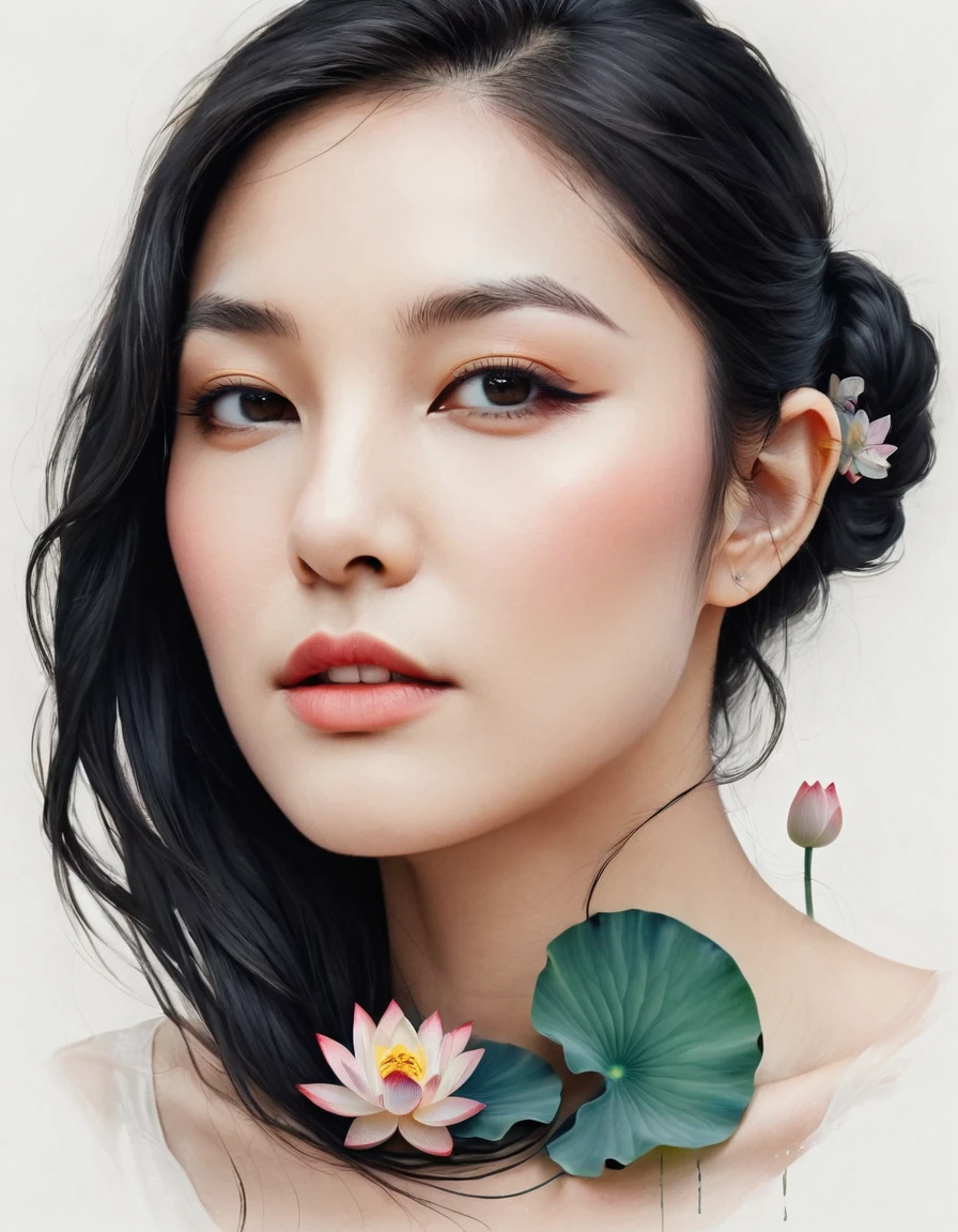 Modern minimalist art,(Close-up of a woman with a lotus tattoo on her neck),This woman has a pretty face,Black long hair,(Lotus Tattoo On Neck:1.3),Flowing hair illustration,Fair face,fox, slim, beautiful eyes, Elegant digital art, Beautiful digital illustrations, Beautiful character painting,