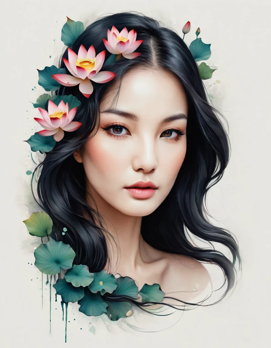 Modern minimalist art，（Close-up of a woman with a lotus tattoo on her neck）,This woman has a pretty face，Black long hair，（Lotus Tattoo On Neck：1.3），Flowing hair illustration，Fair face，fox, slim, beautiful eyes， Elegant digital art, Beautiful digital illustrations, Beautiful character painting, 