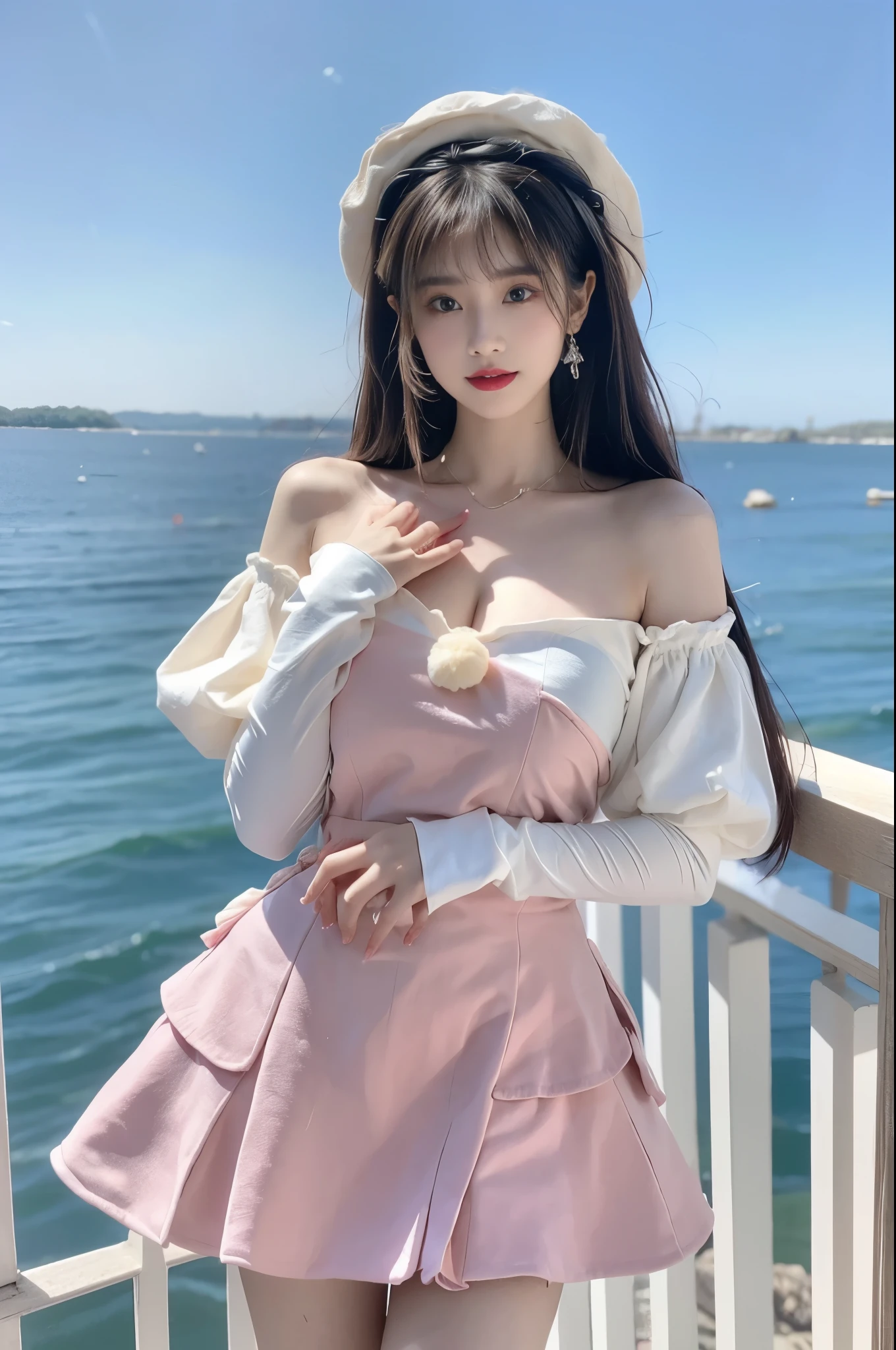 cyb dress, pink dress, dress, pom pom, bow, long sleeves, puffy sleeves, hat beauty, beautiful女人，Have a perfect body：1.4，Layered Hairstyle，((Large Breasts)), ((D cup)), Visible cleavage，Bare shoulders, Highly detailed face and skin texture，Double eyelids，Skin Whitening，Long hair，Whitening long legs，Standing by the sea, Fashion Girl, Red lips, Sweet Girl, beautiful妆容, detail, lifelike, Very detailed, Astonishing, beautiful, Young and energetic, high quality，HD, Colorful，Beautifully, Smooth skin, The skirt is very short, Lifting the skirt with hands, Elegant and charming gesture, Official Art, Extremely detailed, Movie atmosphere, Soft colors, Natural skin texture,