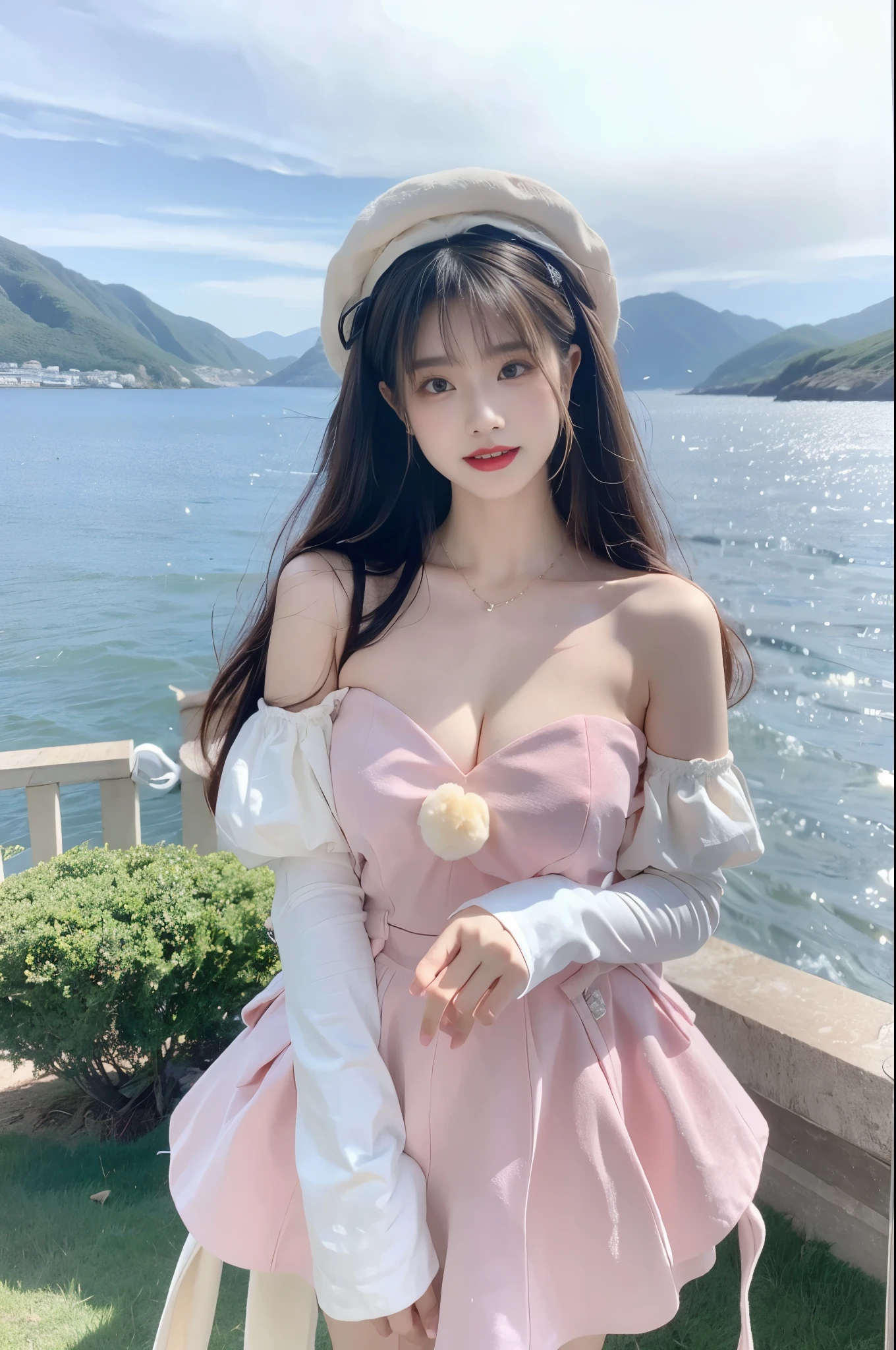 cyb dress, pink dress, dress, pom pom, bow, long sleeves, puffy sleeves, hat beauty, beautiful女人，Have a perfect body：1.4，Layered Hairstyle，((Large Breasts)), ((D cup)), Visible cleavage，Bare shoulders, Highly detailed face and skin texture，Double eyelids，Skin Whitening，Long hair，Whitening long legs，Standing by the sea, Fashion Girl, Red lips, Sweet Girl, beautiful妆容, detail, lifelike, Very detailed, Astonishing, beautiful, Young and energetic, high quality，HD, Colorful，Beautifully, Smooth skin, The skirt is very short, Lifting the skirt with hands, Elegant and charming gesture, Official Art, Extremely detailed, Movie atmosphere, Soft colors, Natural skin texture,