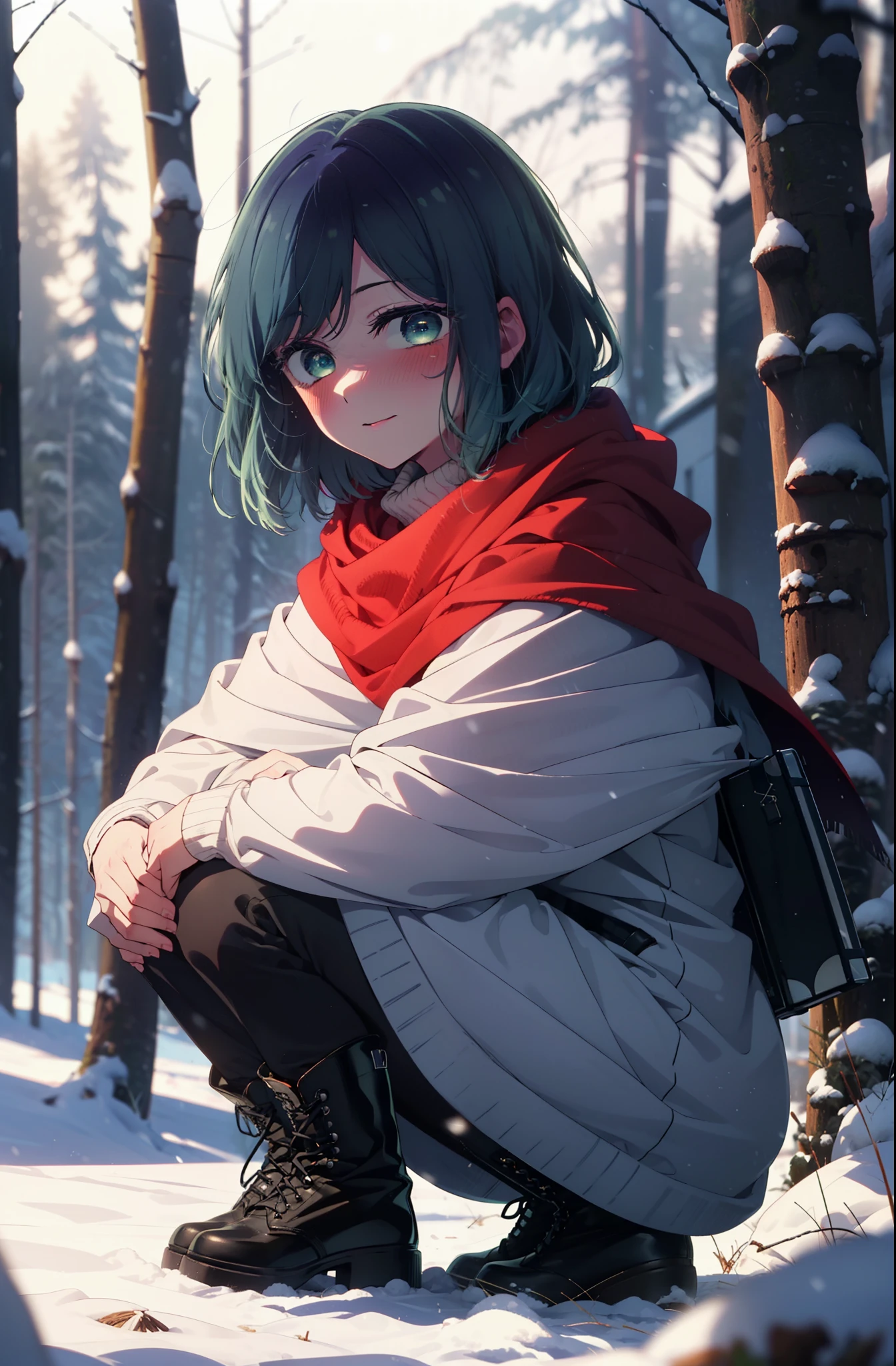 akanekurokawa, akane kurokawa, bangs, (Green Eyes:1.3), Blue Hair, Medium Hair, dark Blue Hair,smile,blush,White Breath,
Open your mouth,snow,Ground bonfire, Outdoor, boots, snowing, From the side, wood, suitcase, Cape, Blurred, , forest, White handbag, nature,  Squat, Mouth closed, Cape, winter, Written boundary depth, Black shoes, red Cape break looking at viewer, Upper Body, whole body, break Outdoor, forest, nature, break (masterpiece:1.2), Highest quality, High resolution, unity 8k wallpaper, (shape:0.8), (Beautiful and beautiful eyes:1.6), Highly detailed face, Perfect lighting, Highly detailed CG, (Perfect hands, Perfect Anatomy),