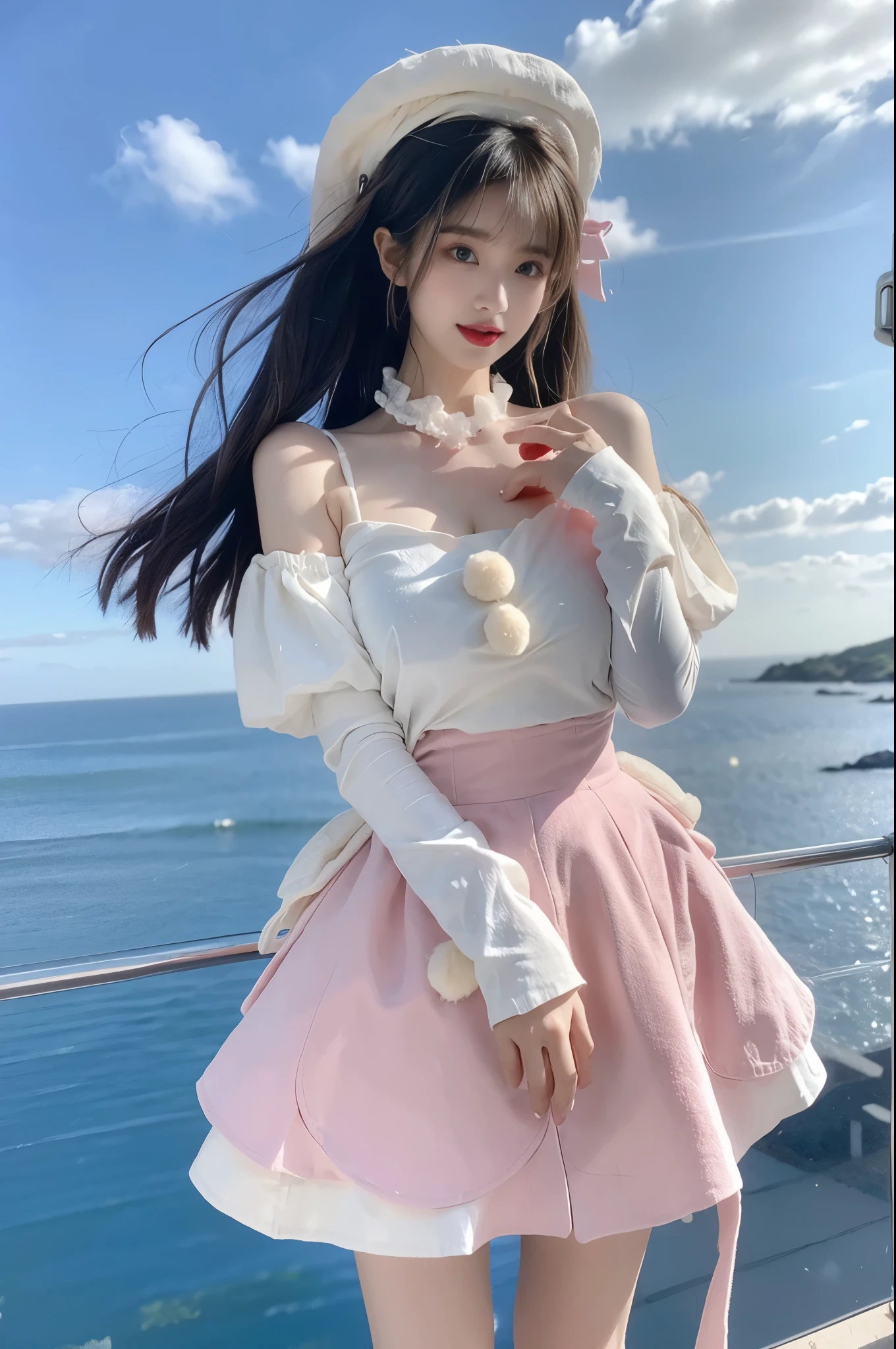 cyb dress, pink dress, dress, pom pom, bow, long sleeves, puffy sleeves, hat beauty, beautiful女人，Have a perfect body：1.4，Layered Hairstyle，((Large Breasts)), ((D cup)), Visible cleavage，Bare shoulders, Highly detailed face and skin texture，Double eyelids，Skin Whitening，Long hair，Whitening long legs，Standing by the sea, Fashion Girl, Red lips, Sweet Girl, beautiful妆容, detail, lifelike, Very detailed, Astonishing, beautiful, Young and energetic, high quality，HD, Colorful，Beautifully, Smooth skin, The skirt is very short, Lifting the skirt with hands, Elegant and charming gesture, Official Art, Extremely detailed, Movie atmosphere, Soft colors, Natural skin texture,