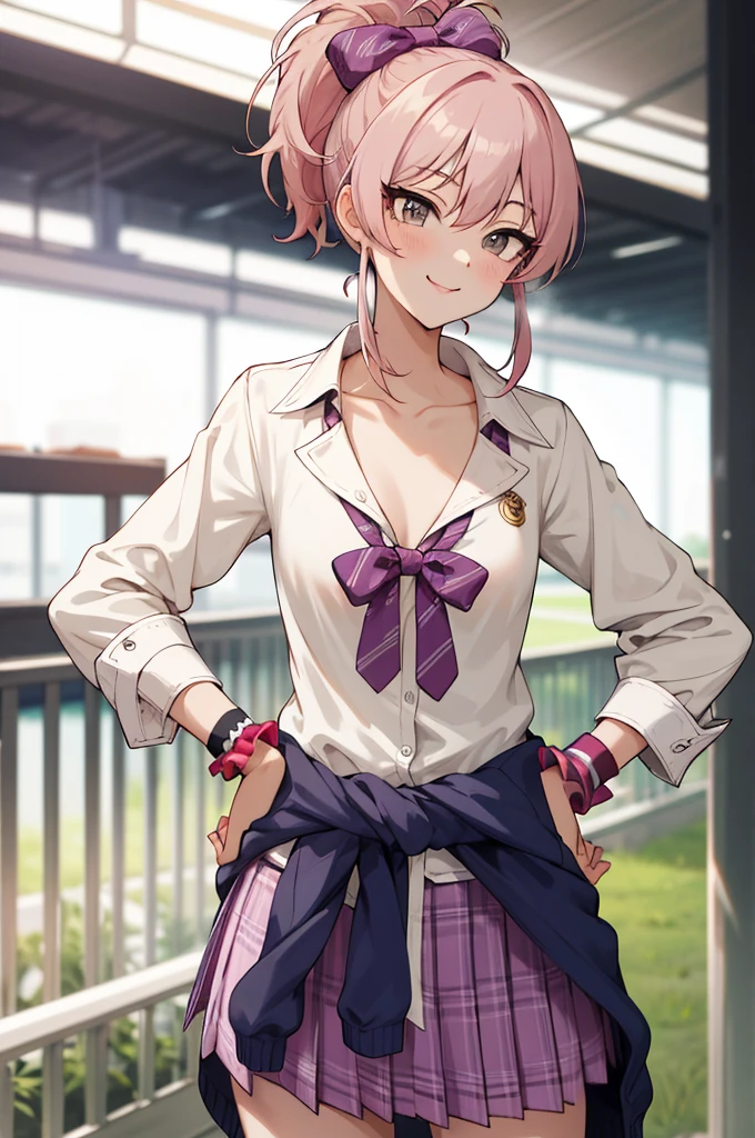 masterpiece, best quality, highres, aamika, ponytail, hair bow, collarbone, , striped, bowtie, collared shirt, white shirt, sleeves rolled up, wrist scrunchie,, clothes around waist, plaid skirt, purple skirt, standing, cowboy shot, outdoors, hands on hips, smile,(nsfw:1.2)