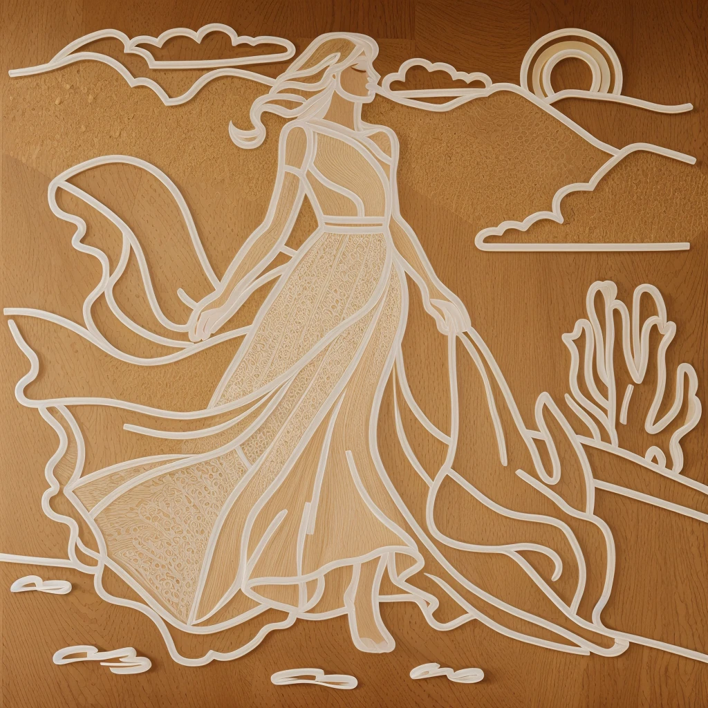 a woman in a flowing cream dress. The dress features a high neck and long sleeves, with a large cutout on the back, and the fabric cascades down into a dramatic, floor-length train. The garment is crafted with waves and layers of fabric, creating a sense of movement and depth.
