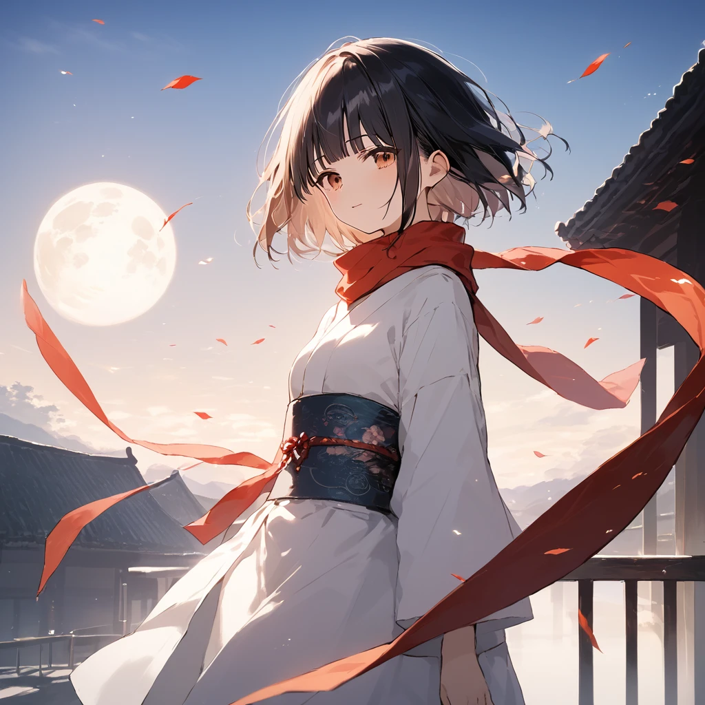 score_9, score_8_up, score_7_up, source_anime, best quality, masterpiece,ultra-detailed,official art, absurdres, highres, waifu2x, break,1girl, ninja girl, short hair, blunt bangs, small breasts, beautiful detailed eyes, sleepily, obi, scarf,  night, wind, rooftop, moon, outdoors, break,(clear line illustration:1.2),very high resolution, very aesthetic, super detailed skin, Best cinematic lighting powered by famous artist, 8k,cool picture,beauty illustration,photoshop_(medium),,(Detailed Lighting),best anime 8k konachan wallpaper, pixiv contest winner, 

