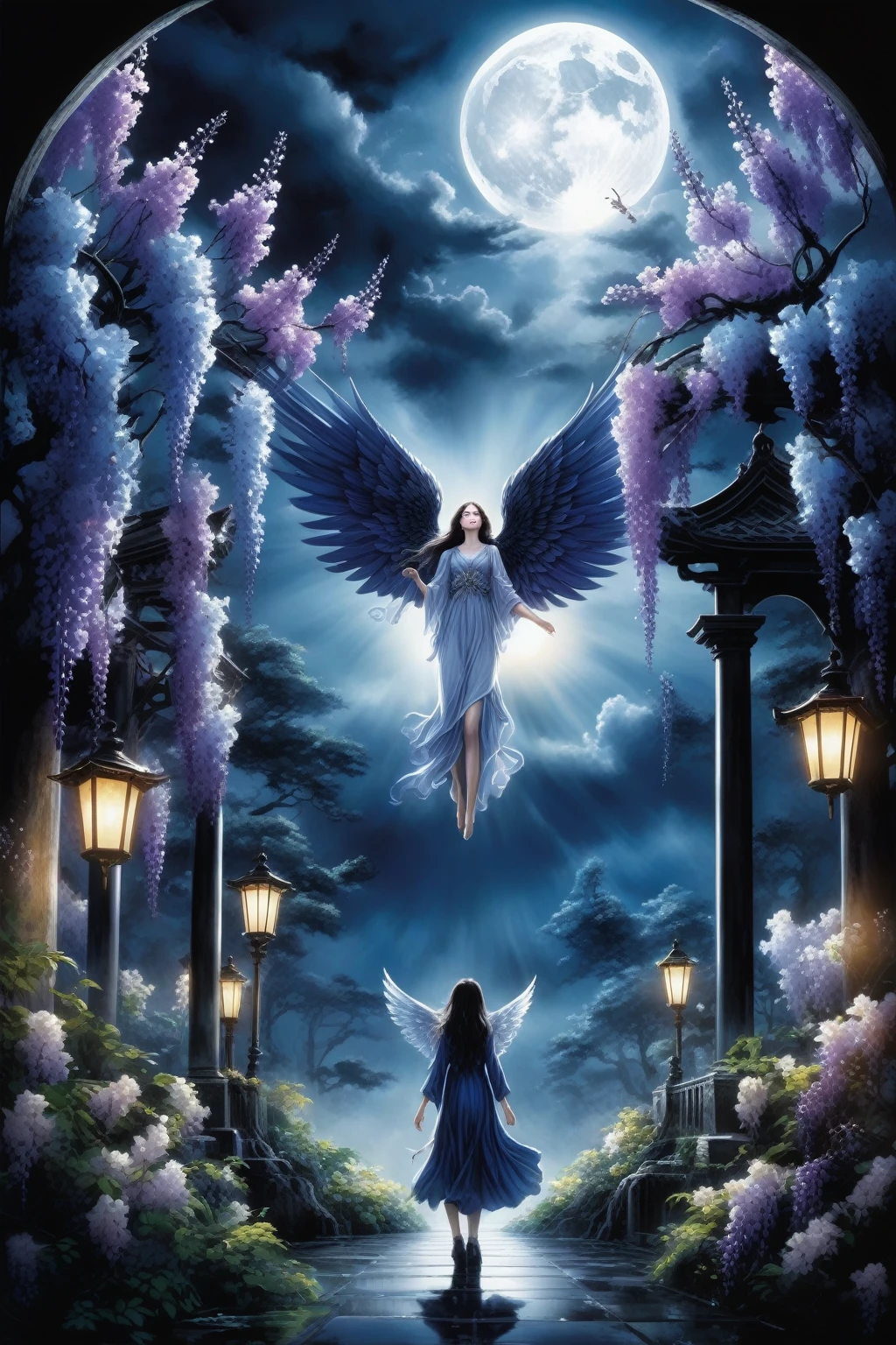 A masterpiece, high-quality (1.2) illustration of Ashikaga Flower Park, known for its beautiful flowers, especially wisteria that attract many tourists in spring. In this dark fantasy illustration style, there is an angel underground with broken wings, holding a blue and silver cross. The scene is illuminated by moonlight, with ominous clouds in the background. The high-contrast image features dark shadows, atmospheric perspective, melancholic colors, cinematic composition, volumetric lighting, figures, brush strokes, dramatic lighting, low angle, surrealism, and hyperrealism. The scene is highly detailed, creating a dramatic and surreal atmosphere.

