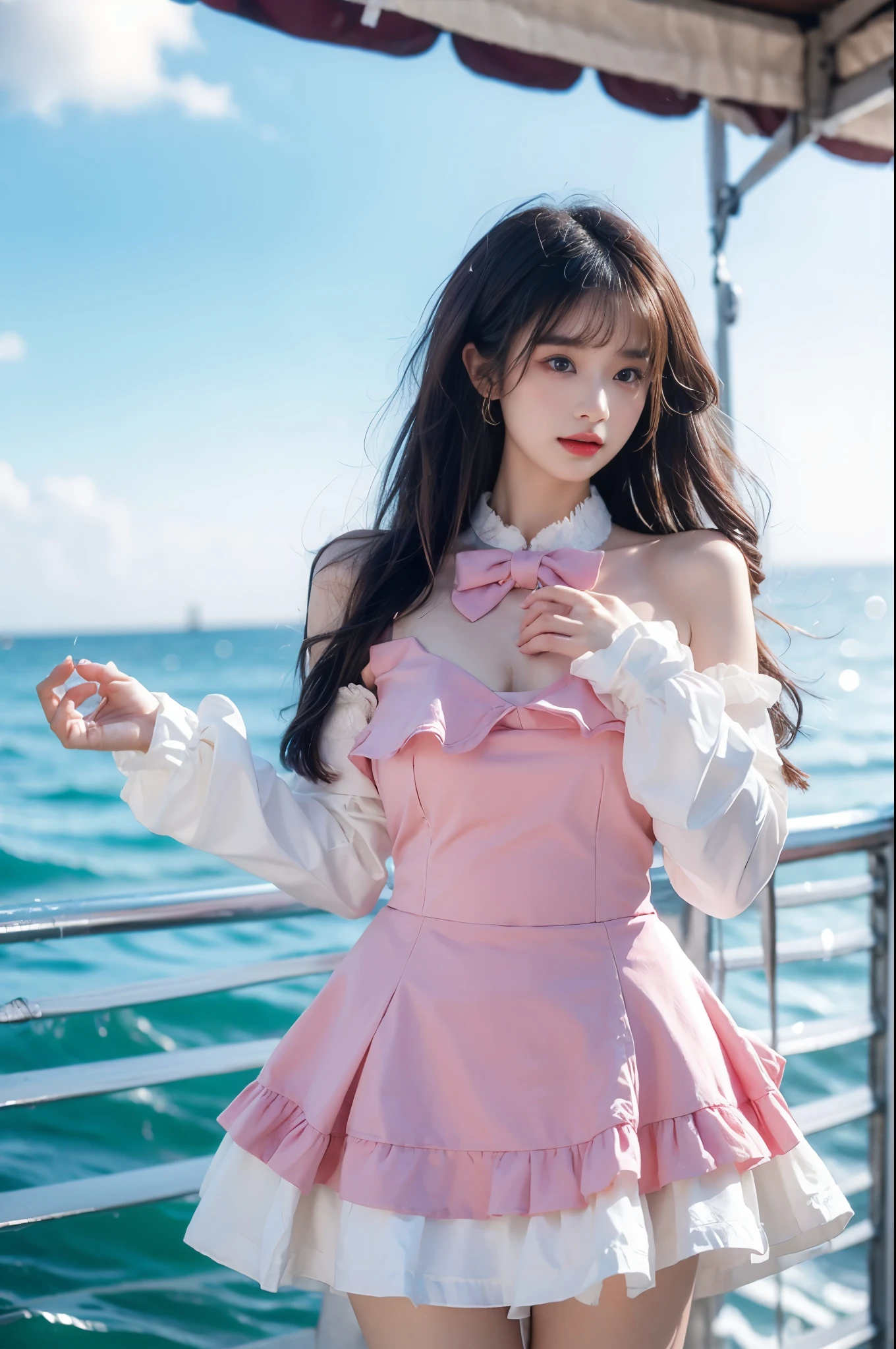 cyb dress, long sleeves, puffy long sleeves, bow,pink dress,blue dress, Beauty, beautiful女人，Have a perfect body：1.4，Layered Hairstyle，((Large Breasts)), ((D cup)), Visible cleavage，Bare shoulders, Highly detailed face and skin texture，Double eyelids，Skin Whitening，Long hair，Whitening long legs，Standing by the sea, Fashion Girl, Red lips, Sweet Girl, beautiful妆容, detail, lifelike, Very detailed, Astonishing, beautiful, Young and energetic, high quality，HD, Colorful，Beautifully, Smooth skin, The skirt is very short, Lifting the skirt with hands, Elegant and charming gesture, Official Art, Extremely detailed, Movie atmosphere, Soft colors, Natural skin texture,