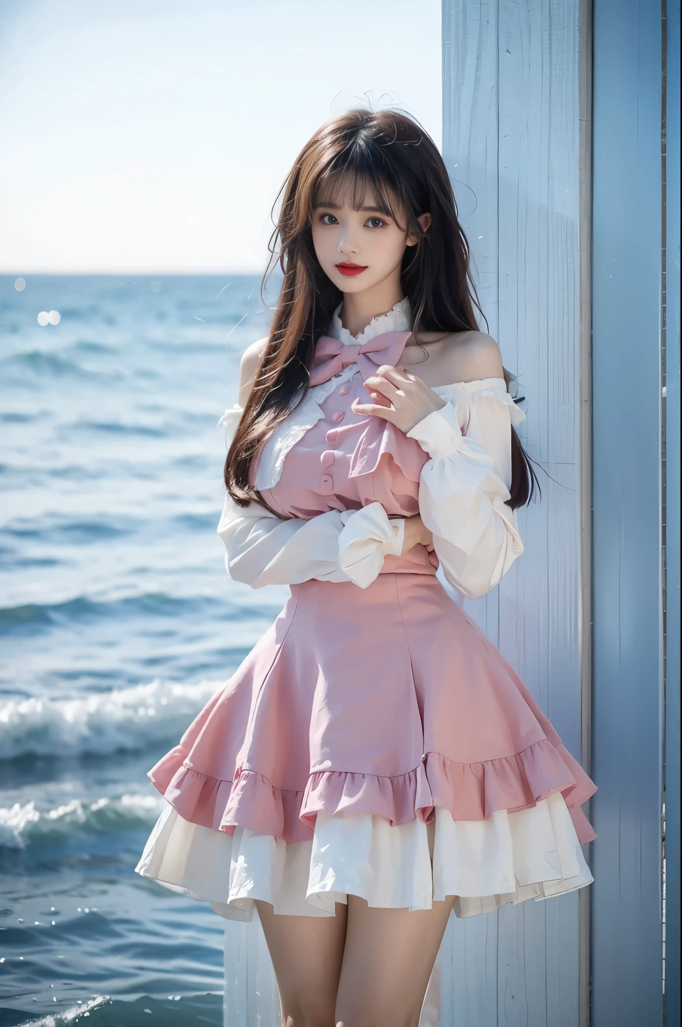 cyb dress, long sleeves, puffy long sleeves, bow,pink dress,blue dress, Beauty, beautiful女人，Have a perfect body：1.4，Layered Hairstyle，((Large Breasts)), ((D cup)), Visible cleavage，Bare shoulders, Highly detailed face and skin texture，Double eyelids，Skin Whitening，Long hair，Whitening long legs，Standing by the sea, Fashion Girl, Red lips, Sweet Girl, beautiful妆容, detail, lifelike, Very detailed, Astonishing, beautiful, Young and energetic, high quality，HD, Colorful，Beautifully, Smooth skin, The skirt is very short, Lifting the skirt with hands, Elegant and charming gesture, Official Art, Extremely detailed, Movie atmosphere, Soft colors, Natural skin texture,