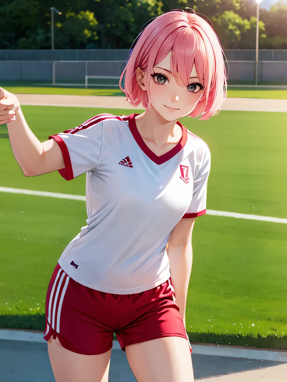 1 woman,Pink hair,short hair,White sports t-shirt,slight smile, red sports shorts,gray eyes,standing, at the training ground, early morning, bright sun, ultra detail,close up photo,Looking at the viewer 