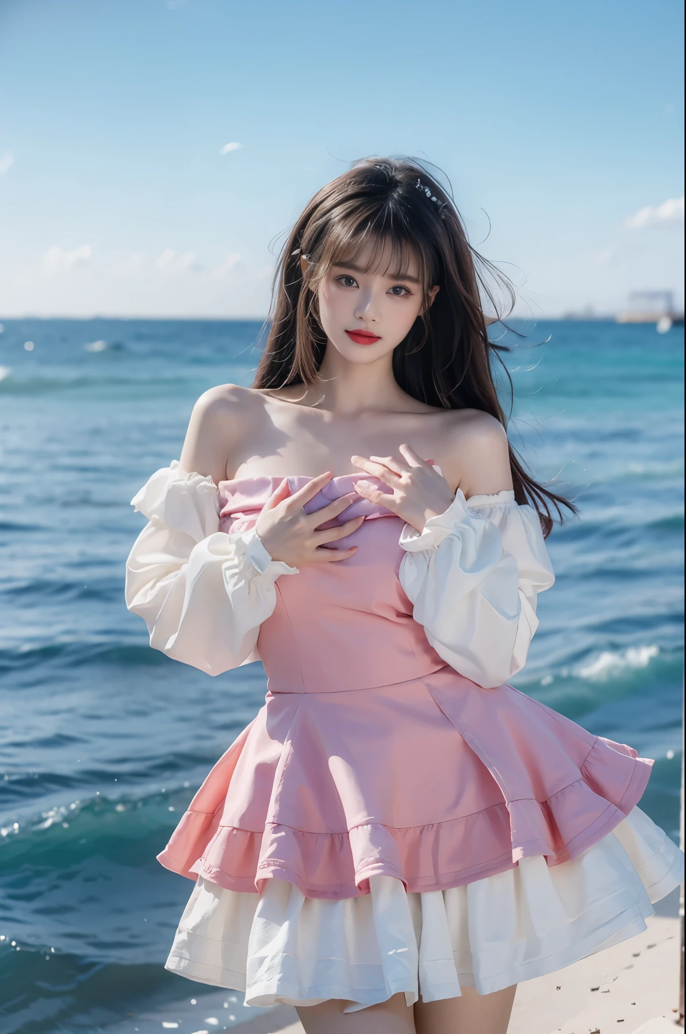 cyb dress, long sleeves, puffy long sleeves, bow,pink dress,blue dress, Beauty, beautiful女人,Have a perfect body:1.4,Layered Hairstyle,((Large Breasts)), ((D cup)), Visible cleavage,Bare shoulders, Highly detailed face and skin texture,Double eyelids,Skin Whitening,Long hair,Whitening long legs,Standing by the sea, Fashion Girl, Red lips, Sweet Girl, beautiful妆容, detail, lifelike, Very detailed, Astonishing, beautiful, Young and energetic, high quality,HD, Colorful,Beautifully, Smooth skin, The skirt is very short, Lifting the skirt with hands, Elegant and charming gesture, Official Art, Extremely detailed, Movie atmosphere, Soft colors, Natural skin texture,