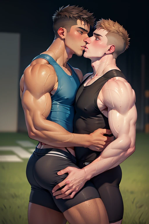 2 men, photo realistic. A lean, tall, athletic 22-year-old handsome Caucasian man, with fade-cut brown hair, and blue eyes, wearing an orange tank top with a black stripe, and black athletic shorts, passionately kissing an athletic 21-year-old handsome Middle Eastern man, with short, fade-cut brown hair, and brown eyes, wearing a slate tank top, and gray athletic shorts, on a sports field, at dusk.  They are grabbing each other's hard, bulging cocks. Sexy, romantic, masculine.