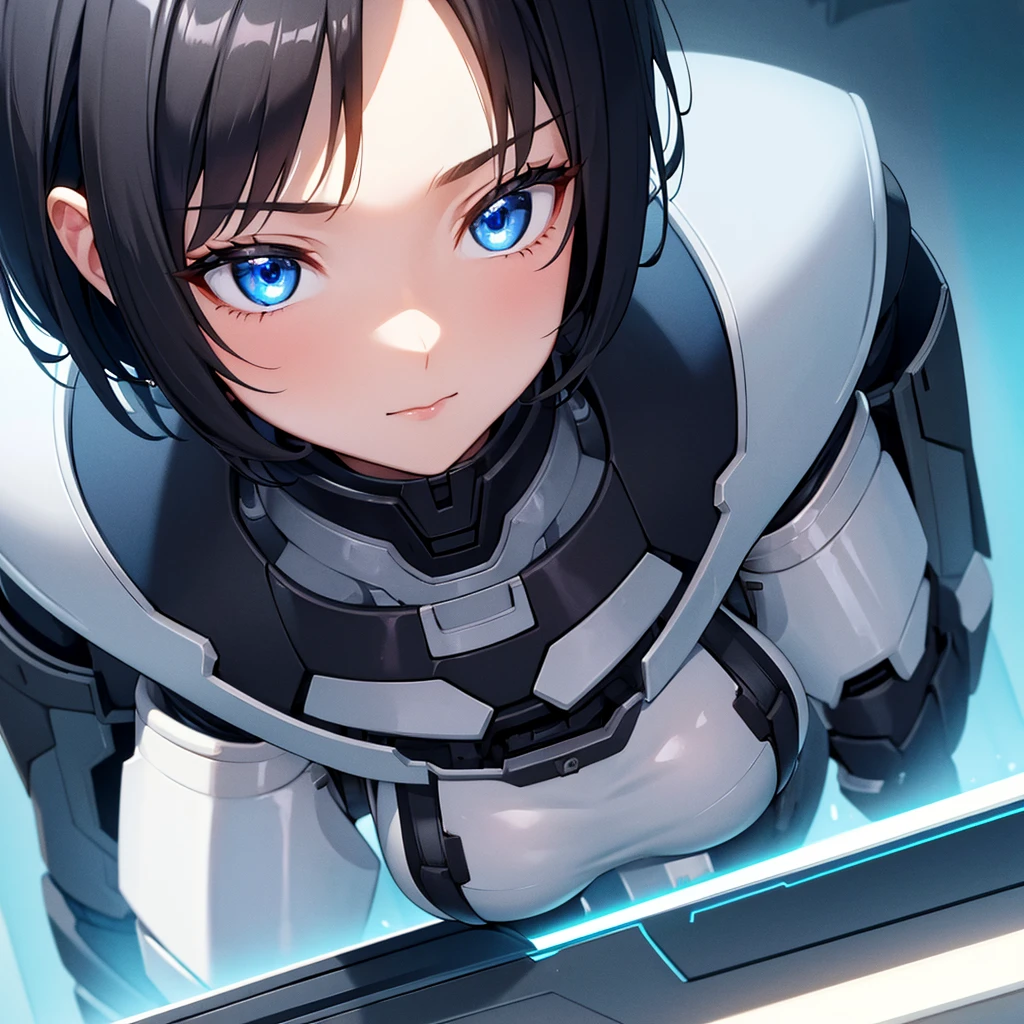1girl, short black hair, blue eyes, robot body, close up, 8K, Hi-Res