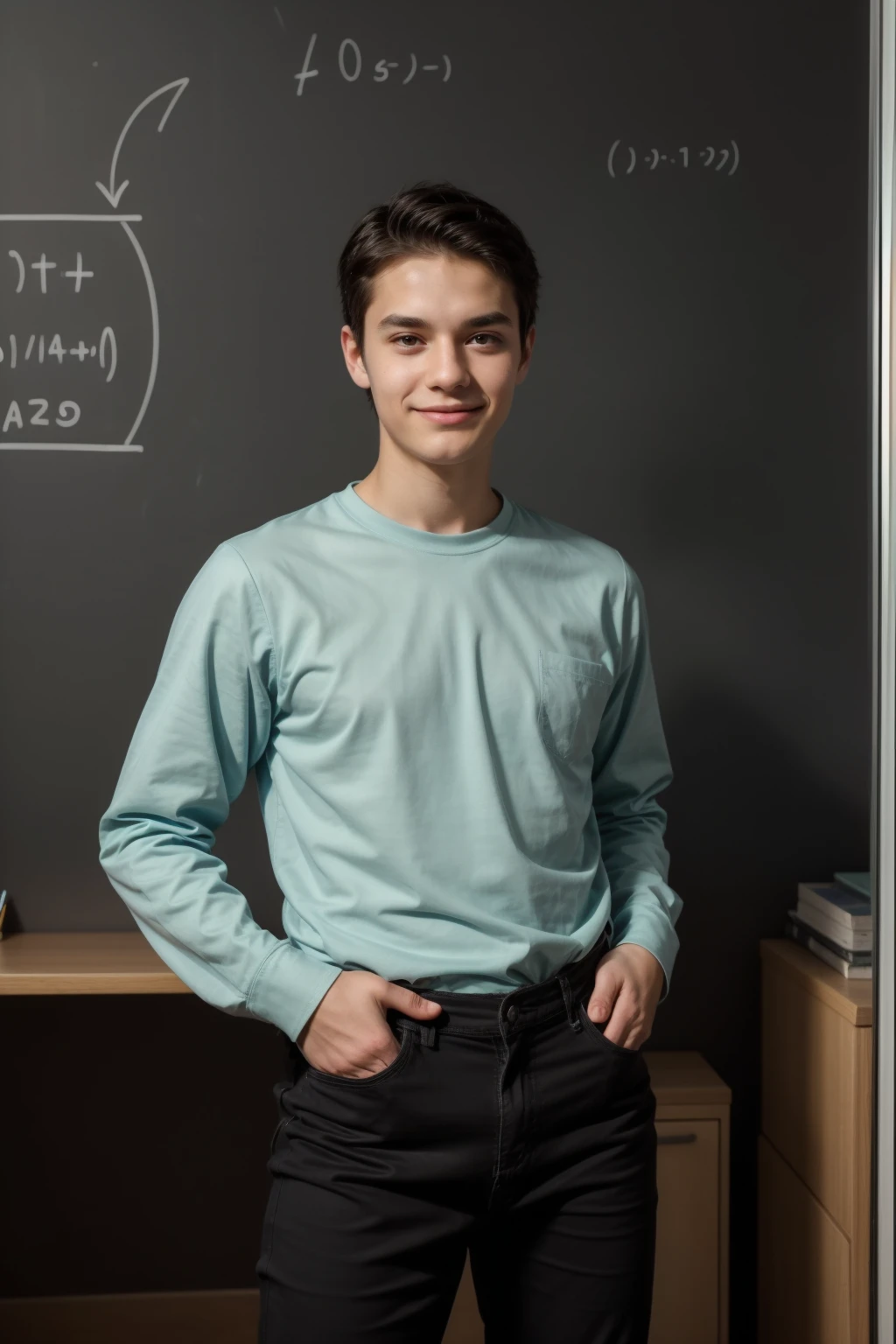 A beautiful, twinkling young man, a cute male, who is a genius in science. He has black hair and wears a long-sleeved aquamarine shirt and black jeans. He looks proudly in his office and behind him is a blackboard with calculus written on it.