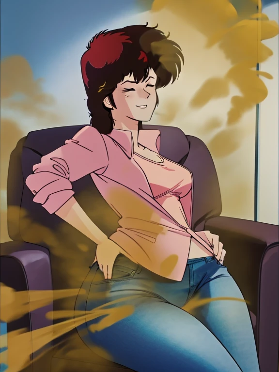 HD, high quality, high resolution, ultrahd,Kaori Makimura, 1female, solo, wearing default outfit, light pink shirt, white coat, wearing coat over tshirt, jeans, default hair, brown hair, very tall body, thin body, massive fart, yellow smoke, velocity, closed eyes, sitting on chair, leaning on chair, annoyed face, smiling, clenching teeth, raising hips, lifting hips, alone in a room, viewing ass, beautiful lighting, highlights