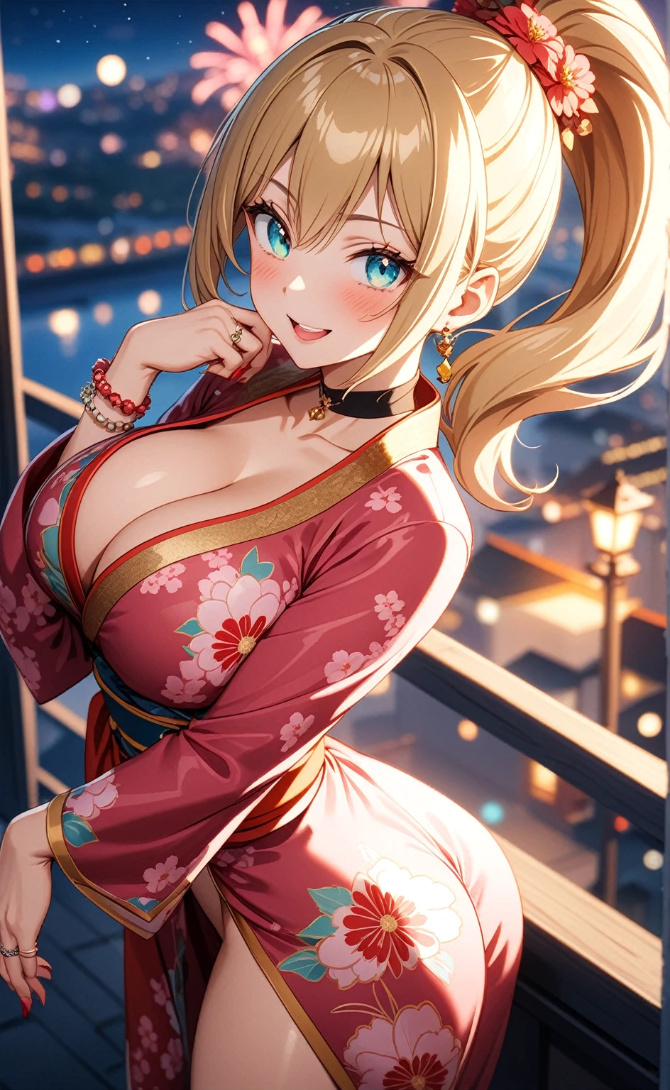 ((One personの女性)), Beautiful Face, Laughing embarrassedly,((Wink:2.0)),Laugh with your mouth wide open,((Red cheeks:1.4)),Glossy pink lips,night,rooftop,Festive decorations,You can see the ocean, firework,((Anime style background)),masterpiece, Highest quality, so beautiful, Latest, Complex details, (Pink long nails),(ring),(flower bracelet),Floral choker,AI-generated, Complex,High resolution, Highest quality, super high quality,3D Images、View your viewers、3D Images,One person,Long blonde hair,High Ponytail,Turquoise Eyes,Anime woman posing for a photo, (Fine grain,Colorful eyes,Shining Eyes:1.3),(Squint your eyes:1.1),a hyperRealistic , hyperRealistic , Realistic,Blonde anime woman with long hair, Smooth anime CG art, A woman in a colorful kimono with gold embroidery, (Pink long sleeve kimono),Red floral pattern,Long flower hair ornament,Large floral earrings,(ring),(Big Breasts:1.1),Mature Body,Tall,Big Ass,Narrow waist,Abdominal muscles,(Zoom in on face:1.3),Shooting from an angle