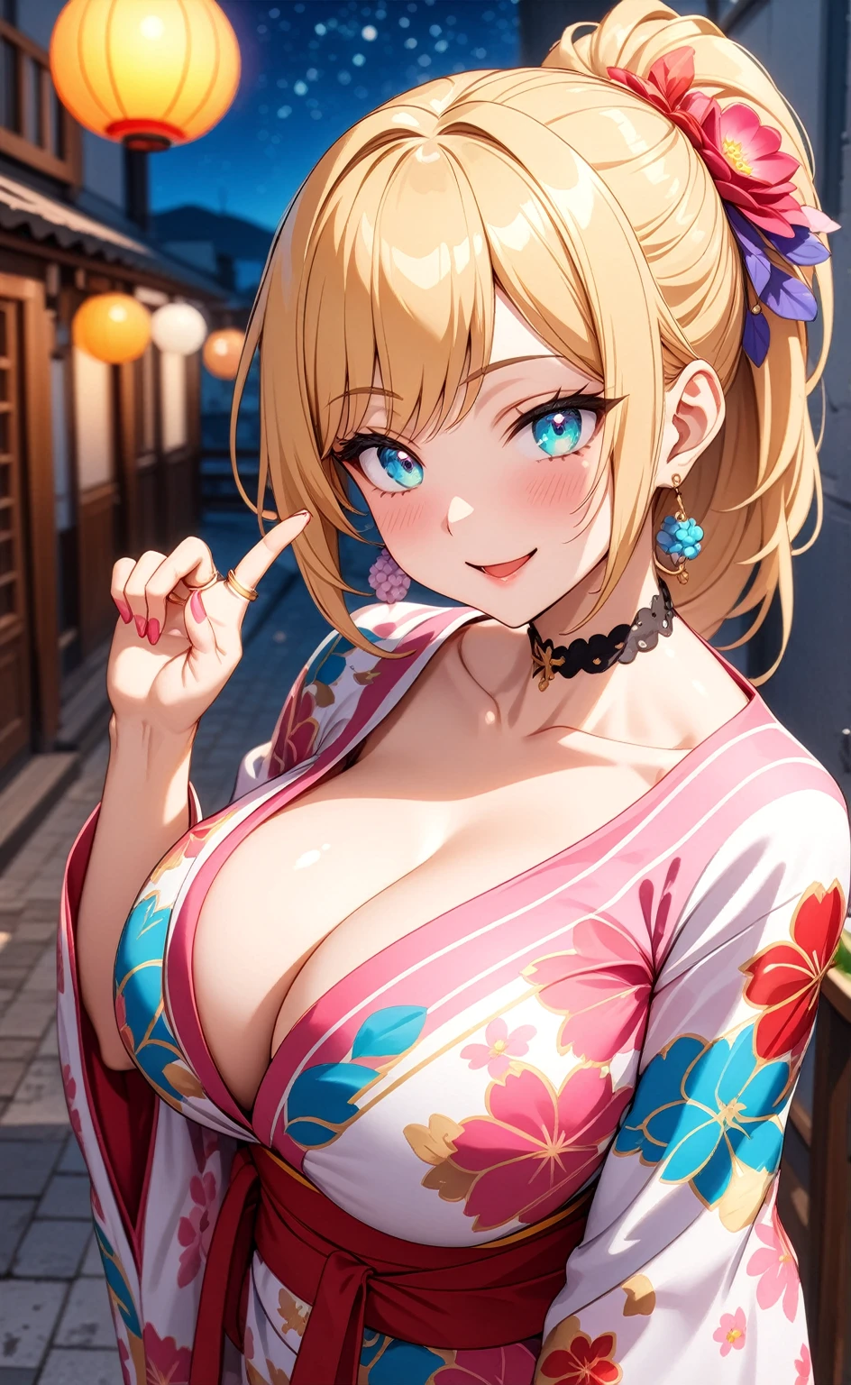 ((One personの女性)), Beautiful Face, Laughing embarrassedly,((Wink:2.0)),Laugh with your mouth wide open,((Red cheeks:1.4)),Glossy pink lips,night,rooftop,Festive decorations,You can see the ocean, firework,((Anime style background)),masterpiece, Highest quality, so beautiful, Latest, Complex details, (Pink long nails),(ring),(flower bracelet),Floral choker,AI-generated, Complex,High resolution, Highest quality, super high quality,3D Images、View your viewers、3D Images,One person,Long blonde hair,High Ponytail,Turquoise Eyes,Anime woman posing for a photo, (Fine grain,Colorful eyes,Shining Eyes:1.3),(Squint your eyes:1.1),a hyperRealistic , hyperRealistic , Realistic,Blonde anime woman with long hair, Smooth anime CG art, A woman in a colorful kimono with gold embroidery, (Pink long sleeve kimono),Red floral pattern,Long flower hair ornament,Large floral earrings,(ring),(Big Breasts:1.1),Mature Body,Tall,Big Ass,Narrow waist,Abdominal muscles,(Zoom in on face:1.3),Shooting from an angle