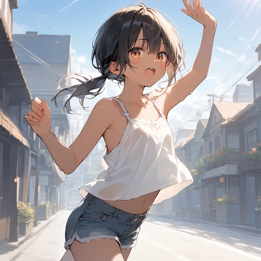 score_9, score_8_up, score_7_up, source_anime, best quality, masterpiece, official art, absurdres, highres, ultra-detailed,waifu2x,Collection: Slice of Life,break,1girl, tomboy, dark-skinned female, short hair, low ponytail, flat chest, beautiful detailed eyes, short shorts, sweat, open mouth, (yawn:0.3), sleepily, outdoors, wind, break,(clear line illustration:1.2),very high resolution, very aesthetic, super detailed skin, Best sexual lighting powered by famous artist, 8k,cute picture,beauty illustration,photoshop_(medium),,(Detailed Lighting),best anime 8k konachan wallpaper, pixiv contest winner,