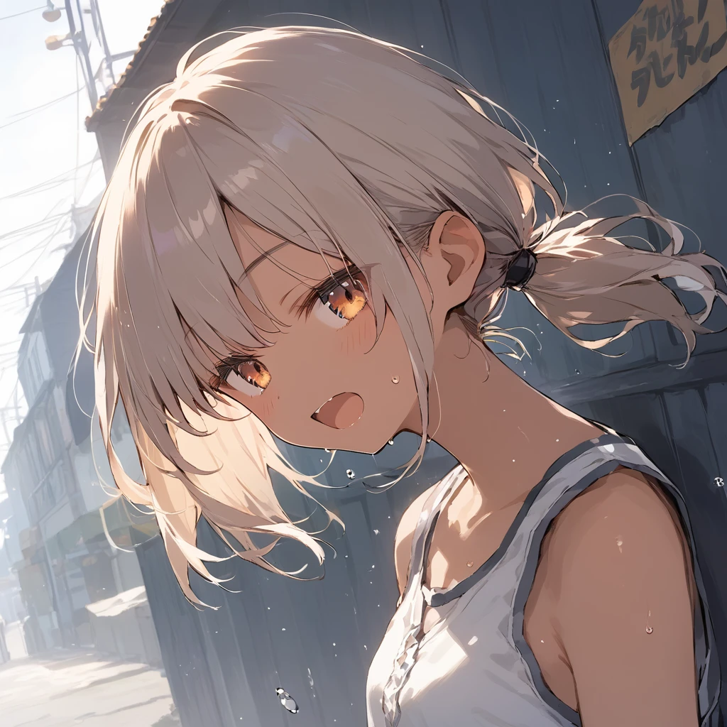 score_9, score_8_up, score_7_up, source_anime, best quality, masterpiece, official art, absurdres, highres, ultra-detailed,waifu2x,Collection: Slice of Life,break,1girl, tomboy, dark-skinned female, short hair, low ponytail, flat chest, beautiful detailed eyes, short shorts, sweat, open mouth, (yawn:0.3), sleepily, outdoors, wind, break,(clear line illustration:1.2),very high resolution, very aesthetic, super detailed skin, Best sexual lighting powered by famous artist, 8k,cute picture,beauty illustration,photoshop_(medium),,(Detailed Lighting),best anime 8k konachan wallpaper, pixiv contest winner,