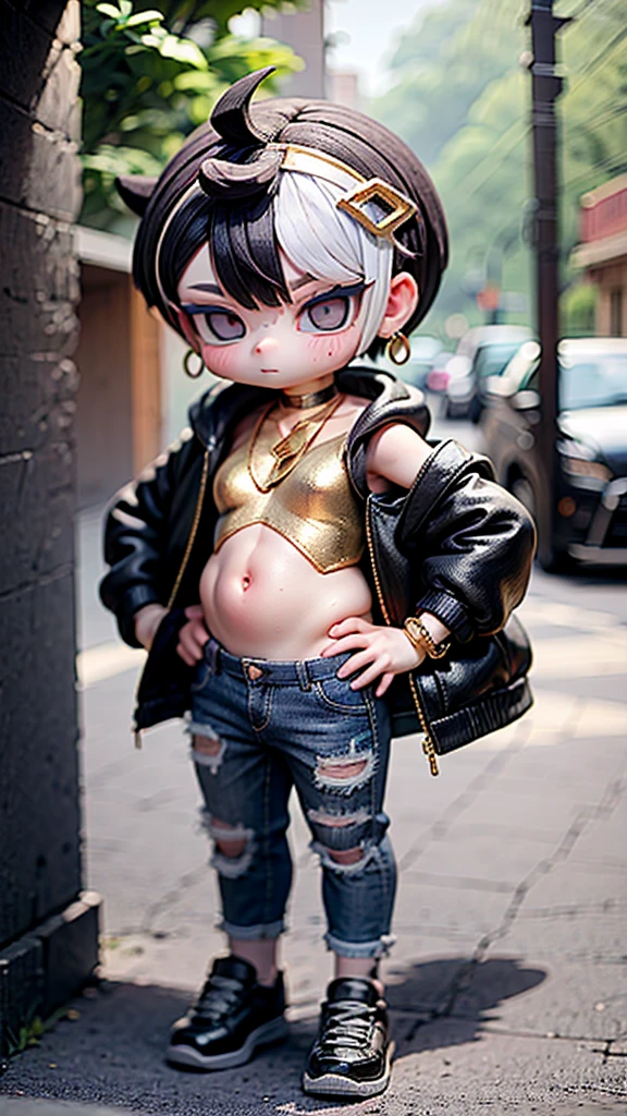 A unique character of a 3-year-old boy with the following features: obese body, short legs, protruding belly, wearing sunglasses, earrings, a tank top, a hooded jacket pushed down to his shoulders, a mohawk hairstyle, baggy jeans, a gold necklace, and a gold bracelet. He looks like a baby gangster.