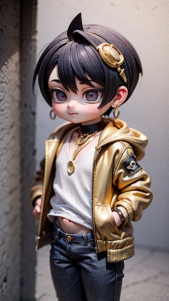 A unique character of a 3-year-old boy with the following features: obese body, short legs, protruding belly, wearing sunglasses, earrings, a tank top, a hooded jacket pushed down to his shoulders, a mohawk hairstyle, baggy jeans, a gold necklace, and a gold bracelet. He looks like a baby gangster.