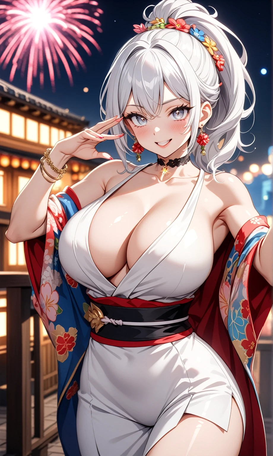 ((One personの女性)), Beautiful Face,Laughing shyly,((Wink:2.0)),Laugh with your mouth wide open((Bright red cheeks:1.4)),Glossy pink lips,night,rooftop,Festive decorations,You can see the ocean, firework,Laughing with your mouth open,Glossy pink lips,Lighting on the face,((Anime style background)),masterpiece, Highest quality, so beautiful,Latest, Complex details, (Pink long nails),(ring),(bracelet),(choker),AI-generated, Complex,High resolution, Highest quality, super high quality,3D Images、View your viewers、3D Images,One person,Long white hair,High Ponytail,(blue eyes),Anime woman posing for a photo, ((Fine grain、Silvery white colorful eyes、Shining Eyes:1.4)),(Squint your eyes:1.1),a hyperRealistic , hyperRealistic , Realistic,Anime woman with long and white hair, Smooth anime CG art, A woman in a colorful kimono with gold embroidery, (Black long sleeve kimono),Red floral pattern,Long flower hair ornament,Big earrings,Mature Body,(Big Breasts:1.1),Tall,Abdominal muscles,Narrow waist,(Zoom in on face:1.2),Shooting from below at an angle