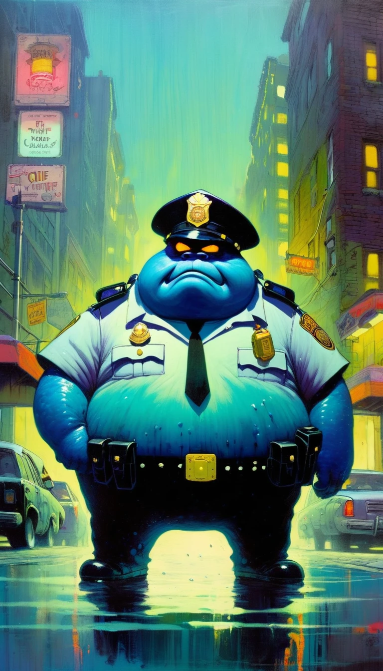 Fat monster cop, on the streets of monster city, polluted environment (art inspired by Skottie Young and Bill Sienkiewicz). oil painting)
