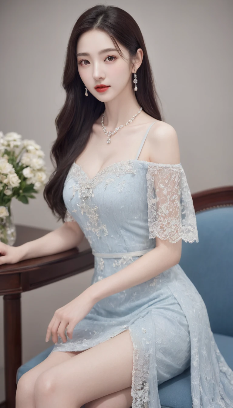 Top CG, Highest image quality, masterpiece, Delicate and gentle beautiful girl, (185cm美女), (Slender figure), Imperial sister, Queen temperament, White skin, ((Long legs)), Perfect facial features, Bright Eyes, posture, Red lips, Beautiful and cold (A major breakthrough)), Beautiful and heroic, Soft and long hair, shiny, lace, net, Skin visible through perspective, wear glasses, Diamond Earrings, Ruby Necklace, (evening dress), 8K Image Quality, (Realistic Portraits), Characters fill the screen, (Facial lighting), ((permanent)