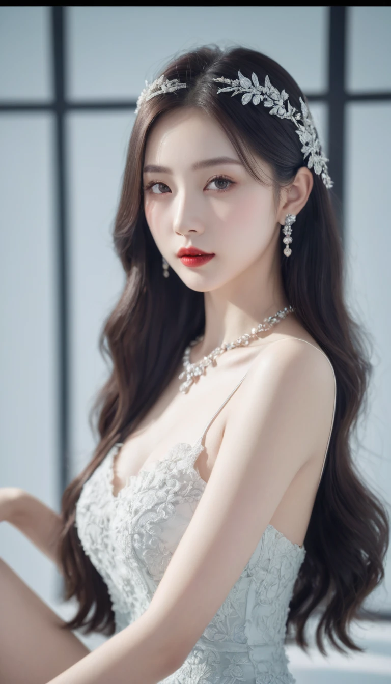 Top CG, Highest image quality, masterpiece, Delicate and gentle beautiful girl, (185cm美女), (Slender figure), Imperial sister, Queen temperament, White skin, ((Long legs)), Perfect facial features, Bright Eyes, posture, Red lips, Beautiful and cold (A major breakthrough)), Beautiful and heroic, Soft and long hair, shiny, lace, net, Skin visible through perspective, wear glasses, Diamond Earrings, Ruby Necklace, (evening dress), 8K Image Quality, (Realistic Portraits), Characters fill the screen, (Facial lighting), ((permanent)