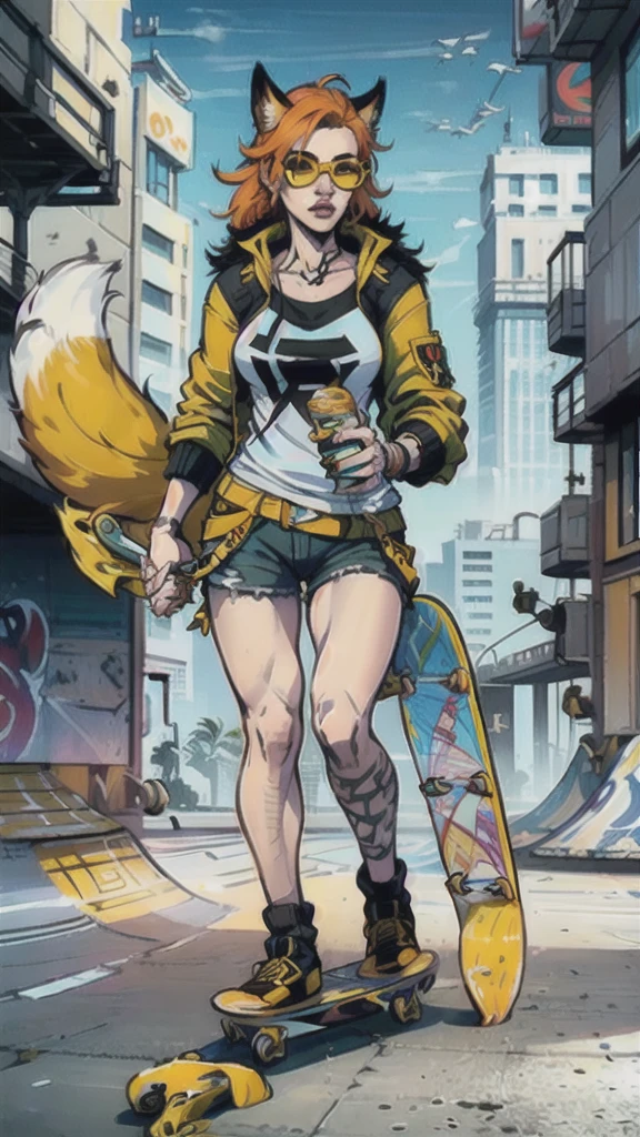 Masterpiece, ultra-detailed, (1girl, solo, Skinny fox girl, yellow sunglasses, green jacket, black shorts, yellow sneakers, orange hair, fox tail), ((skateboard, long board, holding skateboard in hands, holding in hands :1.35)), (detailed clothes, detailed fur texture, detailed face), (cyberpunk, city background, detailed background), intricate details