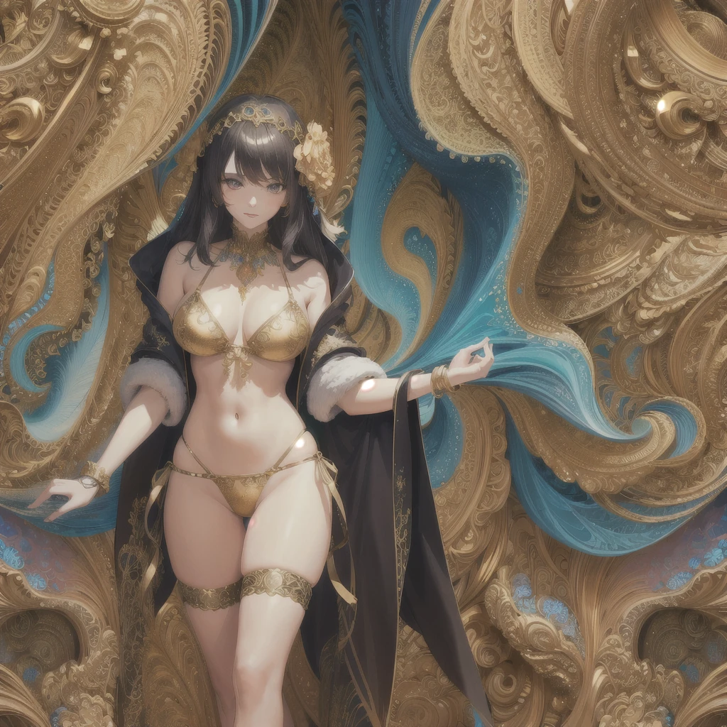(masterpiece, top quality, best quality, official art, beautiful and aesthetic:1.2), (1girl), extreme detailed,(fractal art:1.3),colorful,Most detailed gold bikini soaked in heavy rain