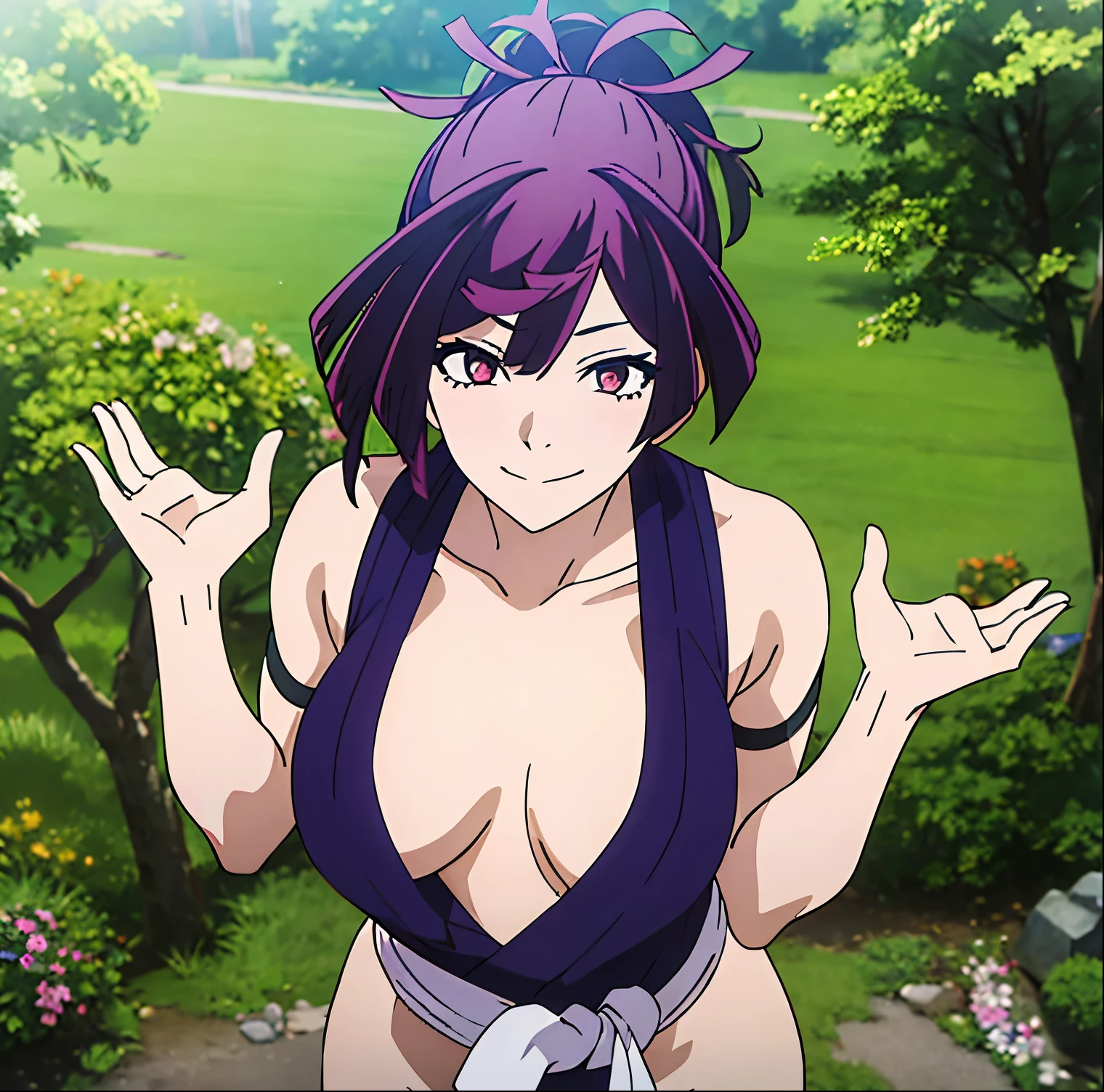 1 girl, alone, yuzuriha (jigokuraku), best quality, masterpiece, ultra detailed, sharp lighting, super detailed eyes, soft smooth skin, fair skin, Looking at viewer, (tilted: 1.2), purple hair, brown eyes, ninja, open clothing, cleavage, medium breasts, medium waist, wide hips, wide thighs, bun, medium hair, separated breasts, seductive smile, (blush: 1.1), sexy body, dynamic posture, curvy body, looking straight, focus on breasts,point of view (from above), ((1 girl)), (solo), standing, ancient japanese forest, japanese exterior, temple, sengoku period city, city (NSFW 1.5), perfect anatomy, 5 fingers in the palm, perfect hands