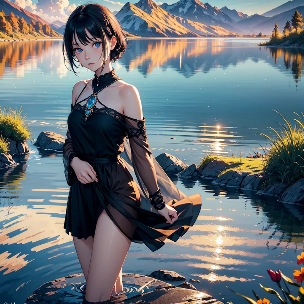 1 girl, serene expression, mesmerizing eyes, straight short black hair, blue eyes, flowing black dress, poised posture, porcelain skin, subtle blush, crystal pendant BREAK golden hour, (rim lighting):1.2, warm tones, sun flare, soft shadows, vibrant colors, painterly effect, dreamy atmosphere BREAK scenic lake, distant mountains, willow tree, calm water, reflection, sunlit clouds, peaceful ambiance, idyllic sunset, ultra detailed, official art, unity 8k wallpaper , zentangle, mandala
