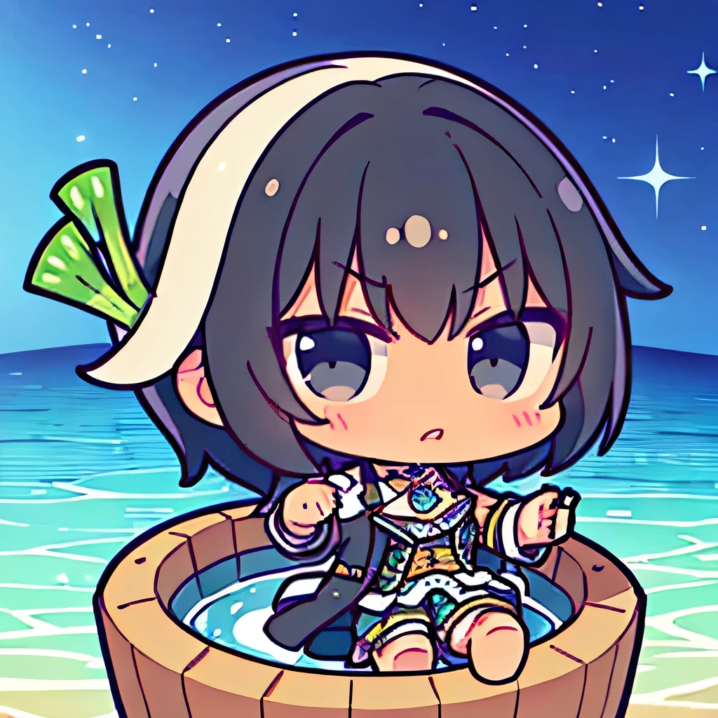 {{masterpiece}}, {{best quality}}, {ultra-detailed}, chibi, ocean, night, a handsome man, man, solo, pirate, beautiful black hair, beautiful black eyes, {beautiful eyes}, light brown-skinned, short hair, triumphant look, smug look, self-satisfied look,{{celery}}