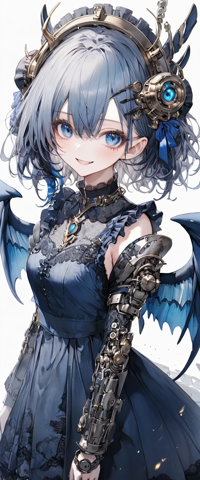 score_9, score_8_up, score_7_up, best quality ,masterpiece, 4k, Japanese anime, 1girl, (white skin:1.2), navy blue hair, medium length hair, blue ribbon, drill hair, wavy hair, (mechanical dragonhorn:1.5), (mechanical wing:1.2), (eye lashes:1.3), (eye shadow:1.3), blue eyes, (beautiful detailed eyes:1.4), laugh, 130cm tall, original character, fantasy, (white background:1.2), (full body:1.8), beautiful fingers, standing, (blue black lace frill armor dress:1.5), (mechanical headdress:1.5) , shoot from front, looking at viewer  , 