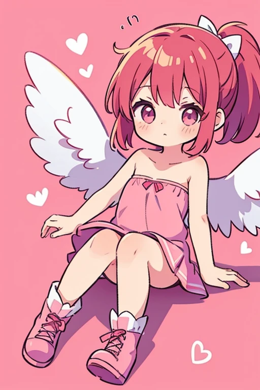 5 year old angel girl, redhead, hair in a medium ponytail, red strapless sleeveless mini dress, very short skirt, pink boots, pink wings
