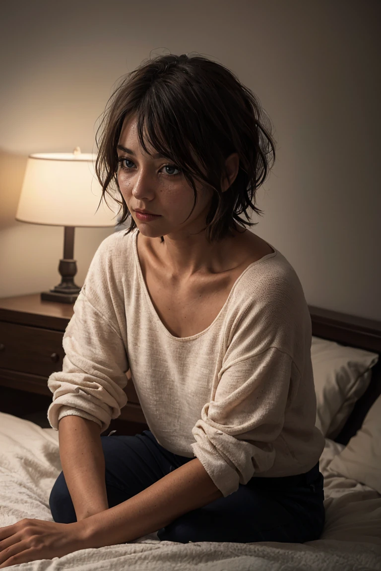 shot by Sony a7 IV Mirrorless Camera, natural light, analog film photo, Kodachrome ,A young woman with short, tousled hair sits on her bed, her gaze lost in the dimly lit room. The soft glow of the bedside lamp casts long shadows that dance across the walls, creating an atmosphere of quiet contemplation. Her face, framed by her messy hair, is etched with a hint of sadness and a touch of weariness, yet a glimmer of hope shines through her eyes
