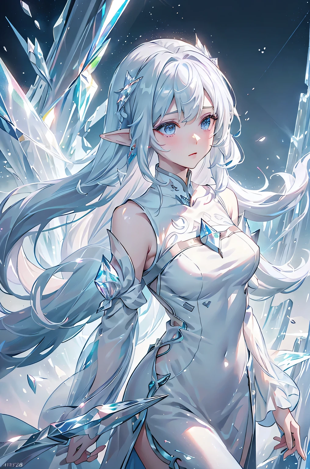 (masterpiece、Highest quality、Highest、Official Art、Beautiful and aesthetic、Long Exposure:1.2)、Smooth movement、Attractive patterns、One Girl、(Long dress with sleeves:1.3)、(((White clothes)))、Upper body close-up、Exposing shoulders、Korean Girls、blush、Pink twin tail hair、Portraiture、solo、Upper body、Looking at the observer、Detailed Background、Detailed face、(Crystallized AI、Crystal Theme:1.1)、Elemental Wind Elf、Rotating Wind、 Wind、White crystal clothes、Dynamic pose、Suspended particles、Aether Dynamics、Wind、vapor、背景にWind、White Tone、Wind、Ethereal atmosphere、