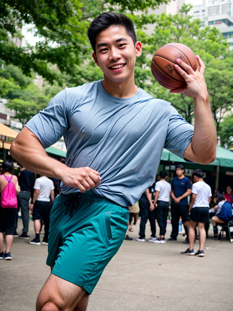 Realistic​ photography​ of a​​​​ korean-thai cute boy​, 20 ages​​​ , wearing​ shirt​, at​ park,movement dynamic pose very cool,huge pecs
