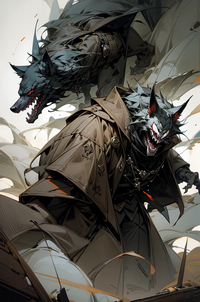 masterpiece,best quality,dynamic scene,super fine illustration,Super detailed,beautiful background,horror style,coat,wolf face,1 Hunter,Devil's Wings,Fearless smile,night,full moon,