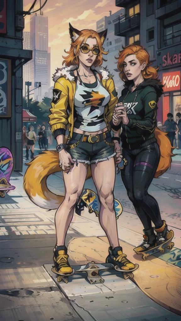Masterpiece, ultra-detailed, (1girl, solo, Skinny fox girl, yellow sunglasses, green jacket, black shorts, yellow sneakers, orange hair, fox tail), ((skateboard, long board, holding skateboard in hands:1.35)), (detailed clothes, detailed fur texture, detailed face), (cyberpunk, city background, detailed background), intricate details