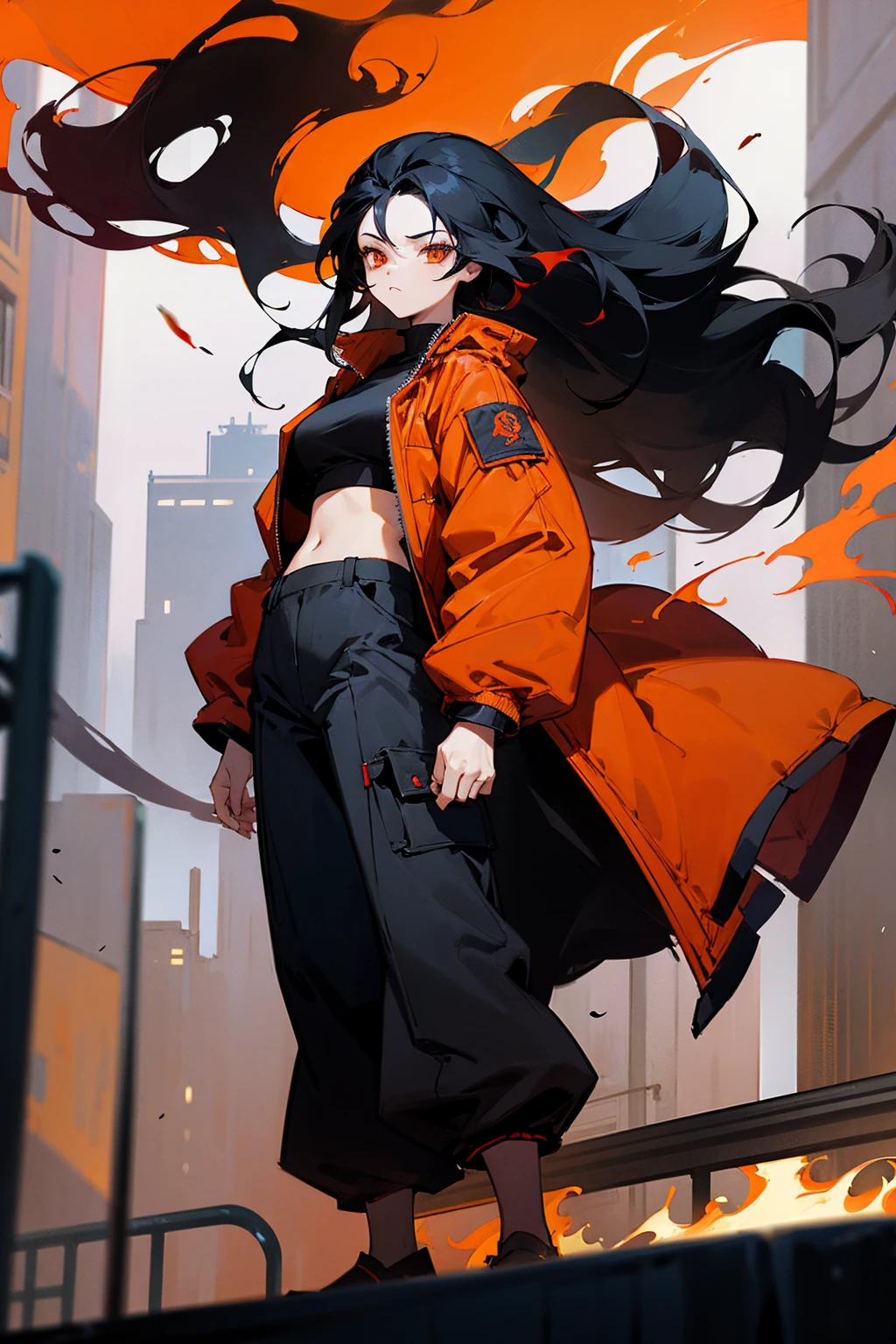 1female, black hair, long flowing hair, flaming hair, red-orange eyes, deep red jacket, white croptop, black baggy pants, city background, detailed background, hands to side, standing on path