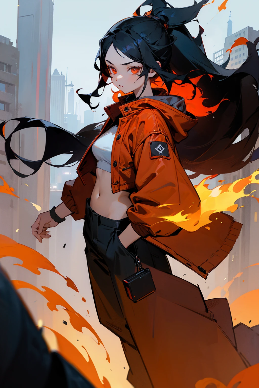 1female, black hair, long flowing hair, flaming hair, red-orange eyes, deep red jacket, white croptop, black baggy pants, city background, detailed background, hands to side, standing on path