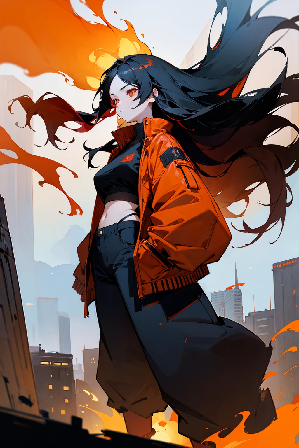 1female, black hair, long flowing hair, flaming hair, red-orange eyes, deep red jacket, white croptop, black baggy pants, city background, detailed background, hands to side, standing on path