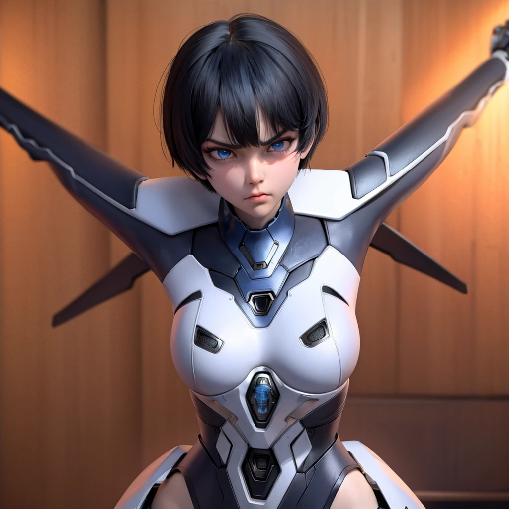 solo, super fine photo, realistic portrait Unreal Engine 5 8K UHD of beautiful girl, bob hair style, black metallic color scheme Metroid suit, best quality, masterpiece, official art, unified 8k wallpaper, super detailed, sharp focus, dynamic pose, body parts
