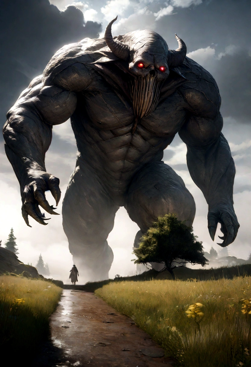 A giant creature walking across the distant plains, fog, fog, Dark Clouds, Dirty ,Suspense, monster, Supernatural, Octane Rendering, Unreal Engine, Realistic, Hyperrealism, Very detailed, high quality, Detailed in nature,Volumetric lighting, Complete Character, 4K, ,hard disk ,Full HD, 8k, RTTX 10.0, High resolution, Fine shadows, Incredibly detailed, perfection, Dramatic Scale