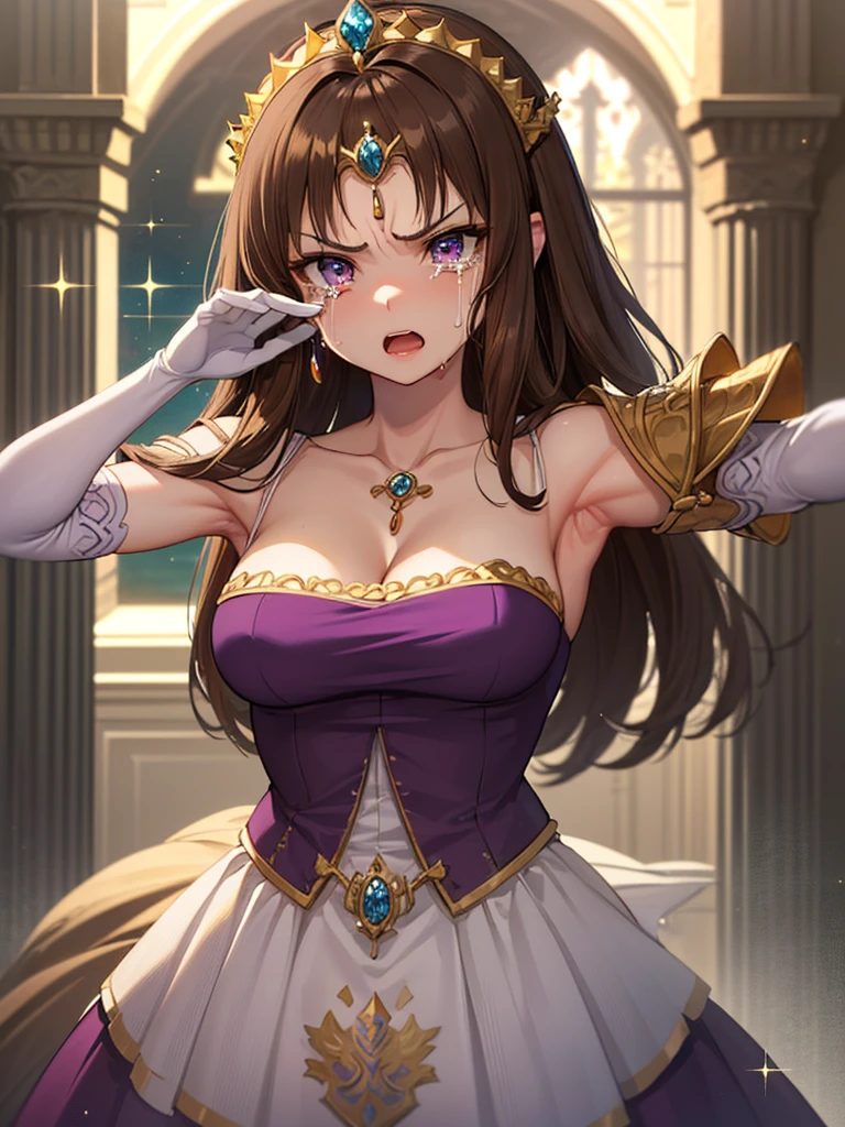 ((Showing off armpits)),((Crying)),((Angry)),((Purple blouse)),((close up of face)),((Dark brown hair)),Anime art style,masterpiece,(Highest quality), ((Scared)),(Very detailed),(Very delicate and beautiful),(alone),,(Detailed face and eyes),Beautiful eyes like jewels,(A truly gorgeous jeweled ruffled rococo ball gown dress),(((Mature Woman,Queen)))),((crinoline)),Absolutely gorgeous highly detailed rococo ball gown dress with ruffled voluminous full length hoop skirt,((Straight Hair)),(),Cleavage,length_gloves,Very gorgeous hair accessory、,((Gorgeous Glitter Jewelry)),