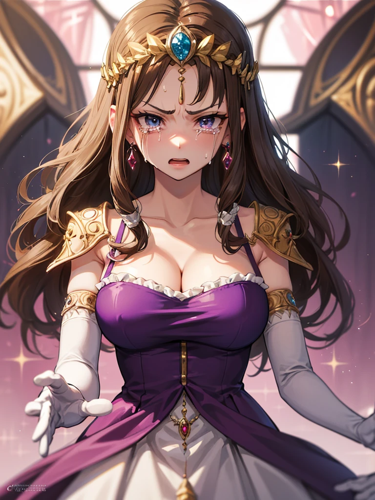 ((Showing off armpits)),((Crying)),((Angry)),((Purple blouse)),((close up of face)),((Dark brown hair)),Anime art style,masterpiece,(Highest quality), ((Scared)),(Very detailed),(Very delicate and beautiful),(alone),,(Detailed face and eyes),Beautiful eyes like jewels,(A truly gorgeous jeweled ruffled rococo ball gown dress),(((Mature Woman,Queen)))),((crinoline)),Absolutely gorgeous highly detailed rococo ball gown dress with ruffled voluminous full length hoop skirt,((Straight Hair)),(),Cleavage,length_gloves,Very gorgeous hair accessory、,((Gorgeous Glitter Jewelry)),