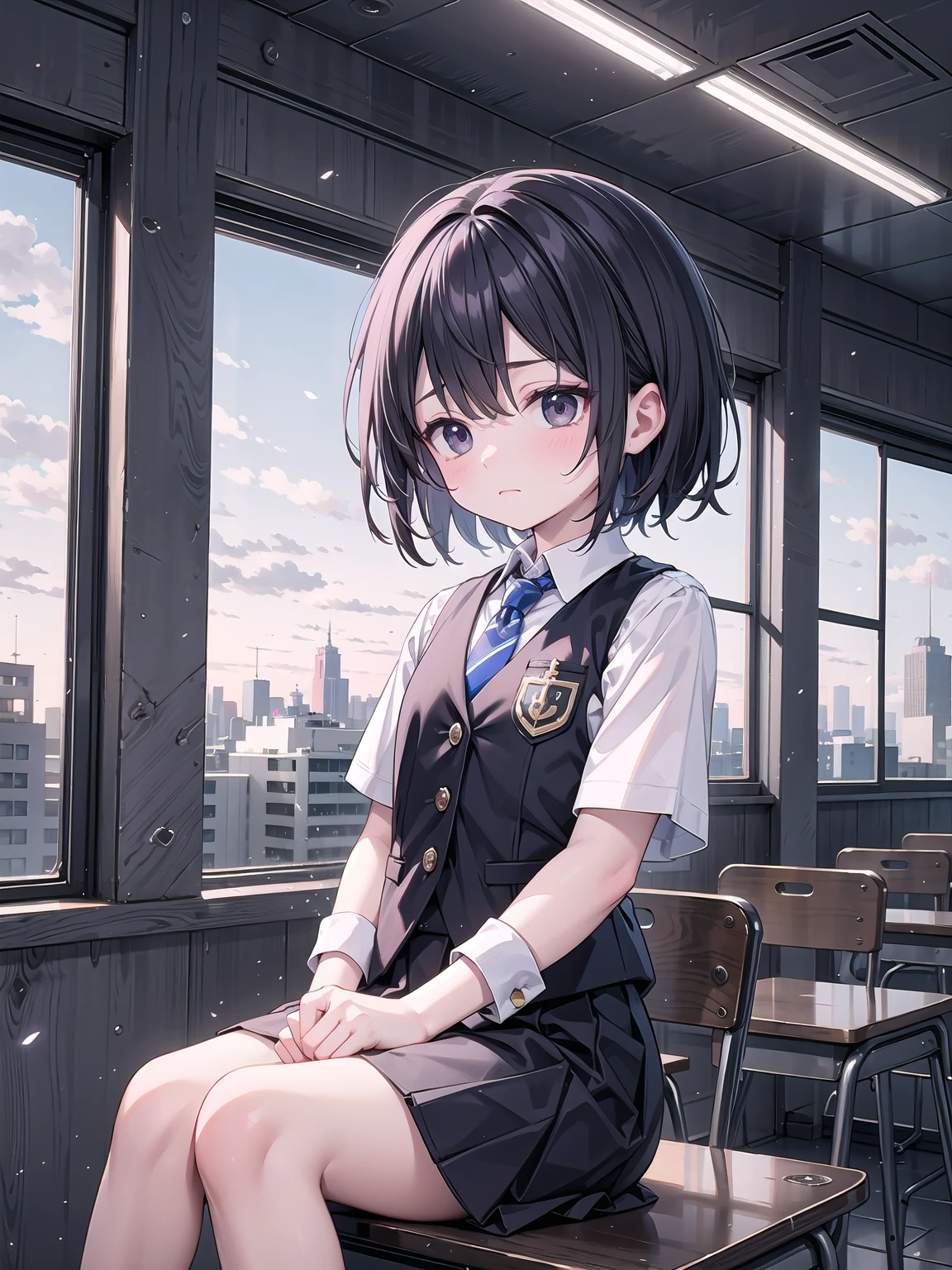 ((Masterpiece, best quality, high quality)), very detailed CG uniform 8k wallpaper, very detailed, very detailed background, classroom, windows, sunlight, detailed eyes, sunlight, shiny hair, shiny skin, (((1boy))), high school, black hair, black eyes, ((depressed)), cold expression, gloomy, white shirt, blue vest, tie, sitting at the desk